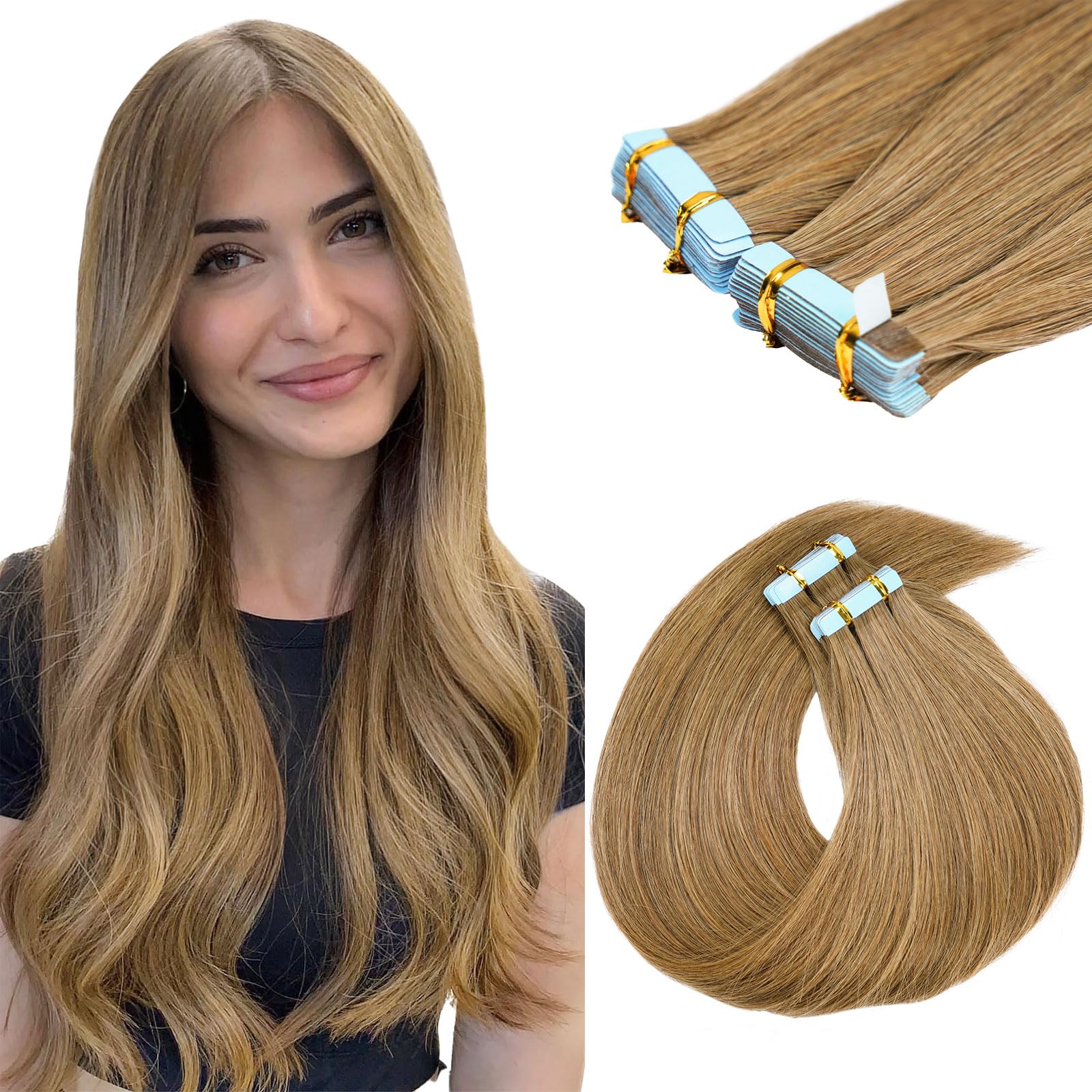 20 inch Tape in Hair Extensions Human Hair Invisible Straight Tape Hair Extensions for Women 20 Pcs/50g Seamless Skin Weft Real Hair Extension Tape
