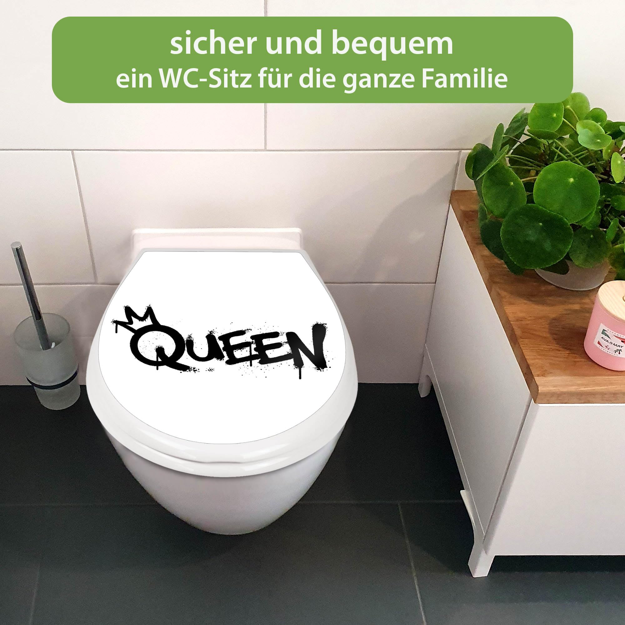 banjado Familien WC Sitz mit Absenkautomatik 44,9x37,1cm - Klobrille mit Kindersitz aus hochwertigem Polypropylen - Toilettendeckel mit Kinder Toilettensitz integriert - Motiv Queen Graffiti
