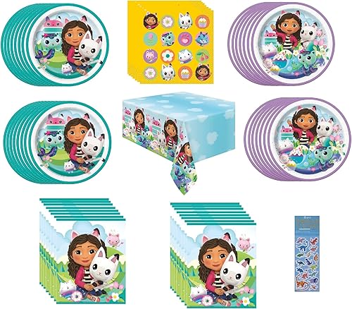Unique Gabbys - Paquete de suministros para fiesta de cumpleaños de casa de muñecas que incluye 16 platos de postre para tartas, 16 platos de