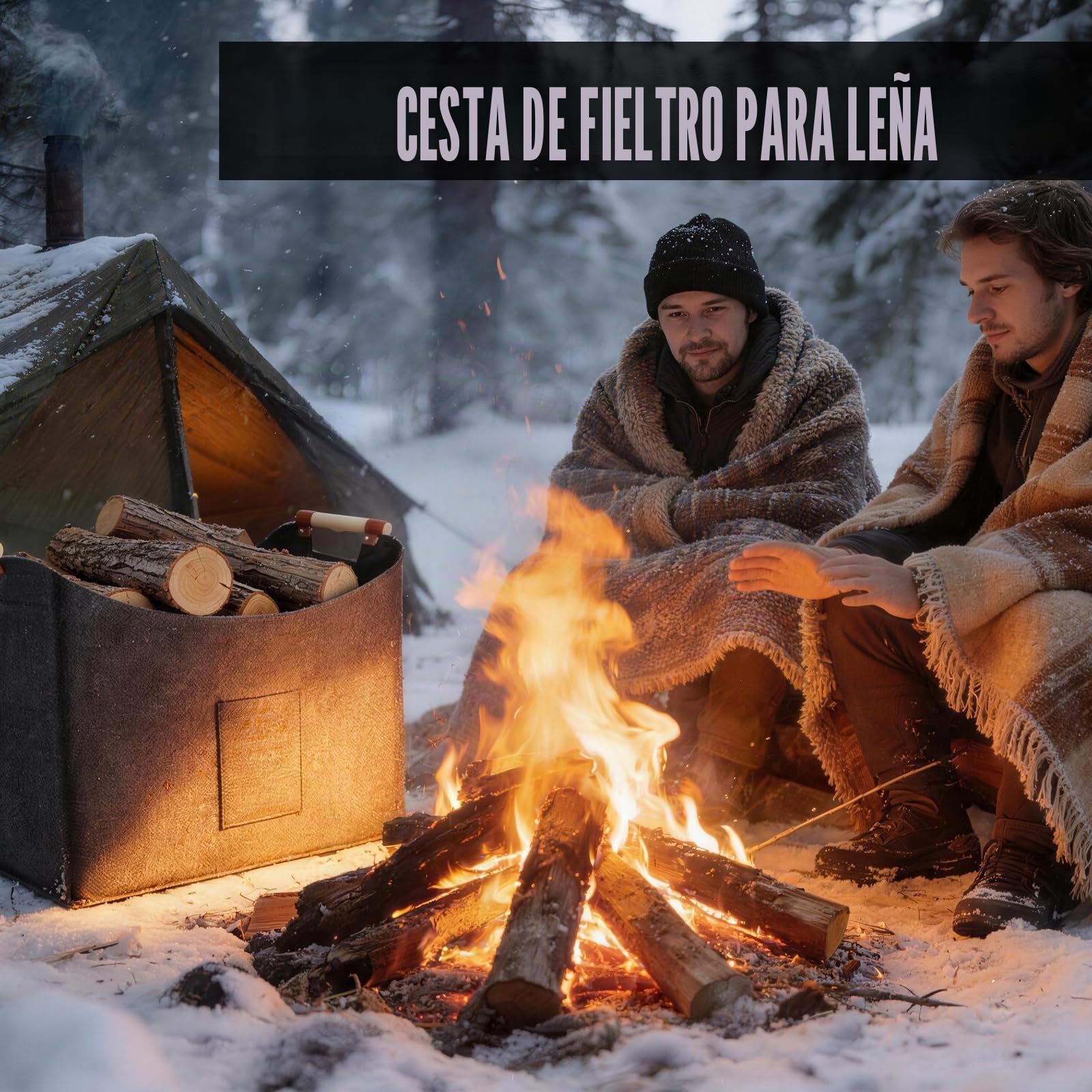 Cesta Plegable para Leña de 96 L, Fieltro Extragrueso, Mango Reforzado, Negro