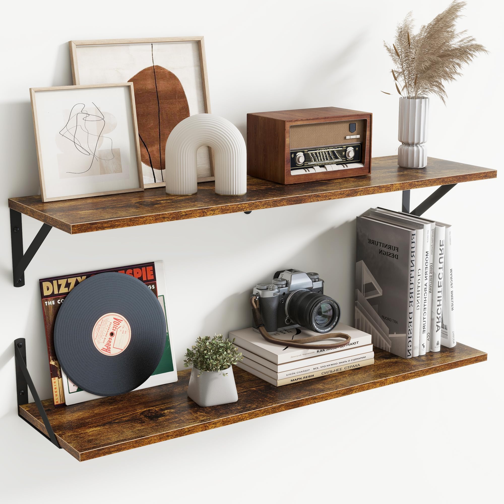Acovy 20cm Deep Floating Shelves for Wall,90cm Wall Mounted Shelves Set of 2,Wall Storage Floating Shelf with Sturdy Metal Brackets for Living Room,Bathroom,Kitchen,Office,Rustic Brown