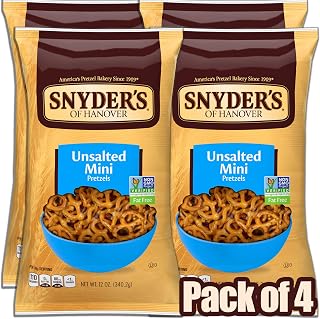 Snyder's of Hanover Unsalted Mini Pretzels, Fat-Free Low-Sodium Crunchy Snacks, 12oz Pack of 4 - Peanut-Free & Non-GMO