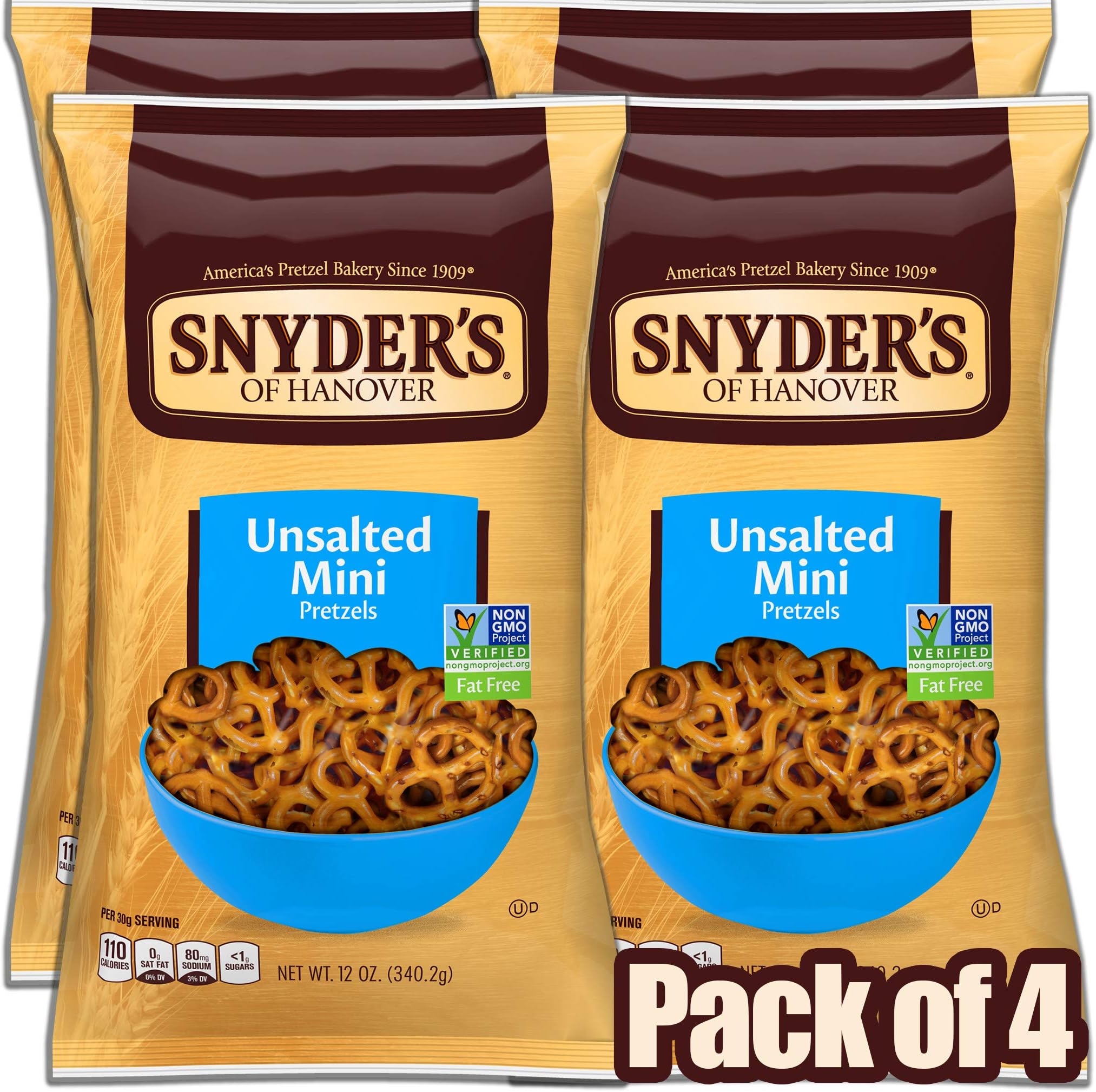 Mini Pretzels, Unsalted Pretzels, 12 Oz (Pack of 4)