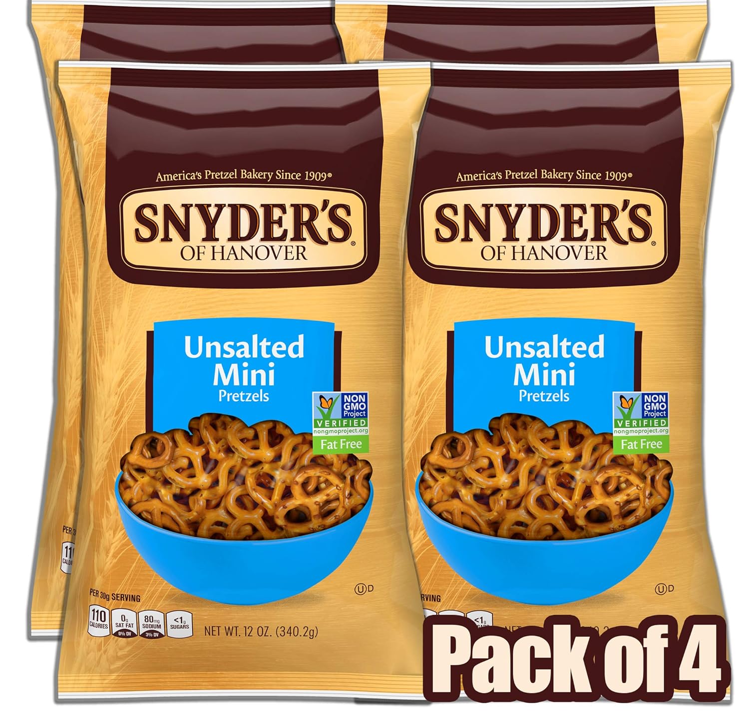 Snyder's of Hanover Unsalted Mini Pretzels, Fat-Free Low-Sodium Crunchy Snacks, 12oz Pack of 4 - Peanut-Free & Non-GMO