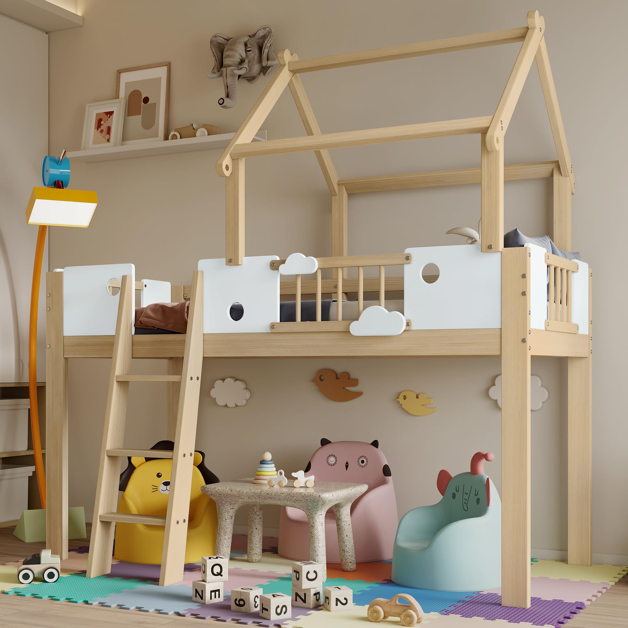 Sapgaks Lit Mezzanine Enfant,Toit au Design Unique, avec échelle inclinée à Trois marches,lit Enfant 90x200cm avec Protection antichute et barrières, Cadre en pin,lit cabane Enfants,(Blanc+Naturel-1)