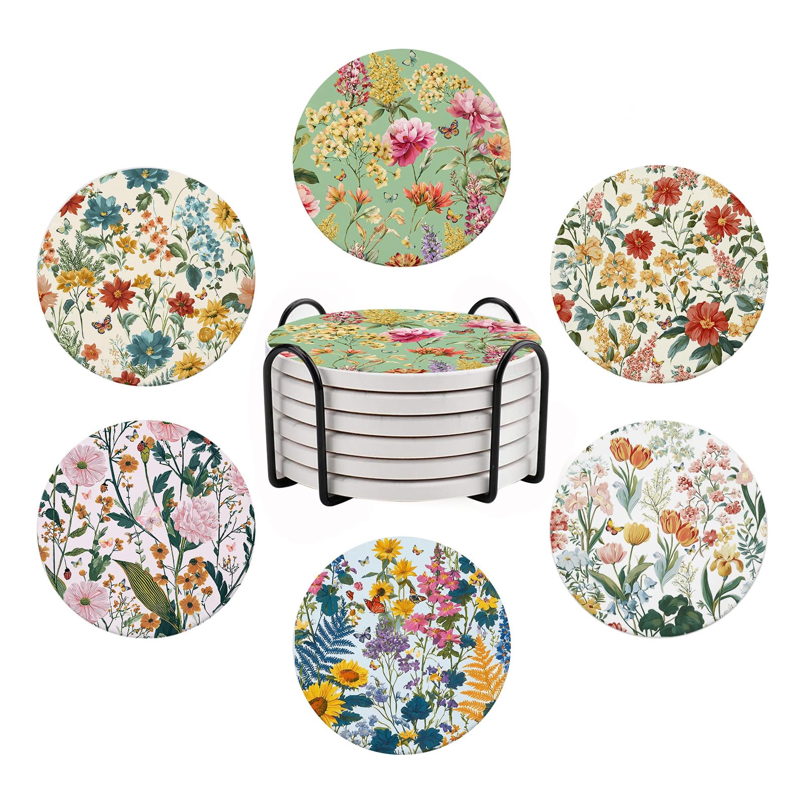 6 Pcs Art Flower Ceramic Coaster with Holder, Colorful Flower Absorbent Drink Coasters for Drinking, Round Non-Slip Drink Coffee Bar Mug Cup Decoration Gifts