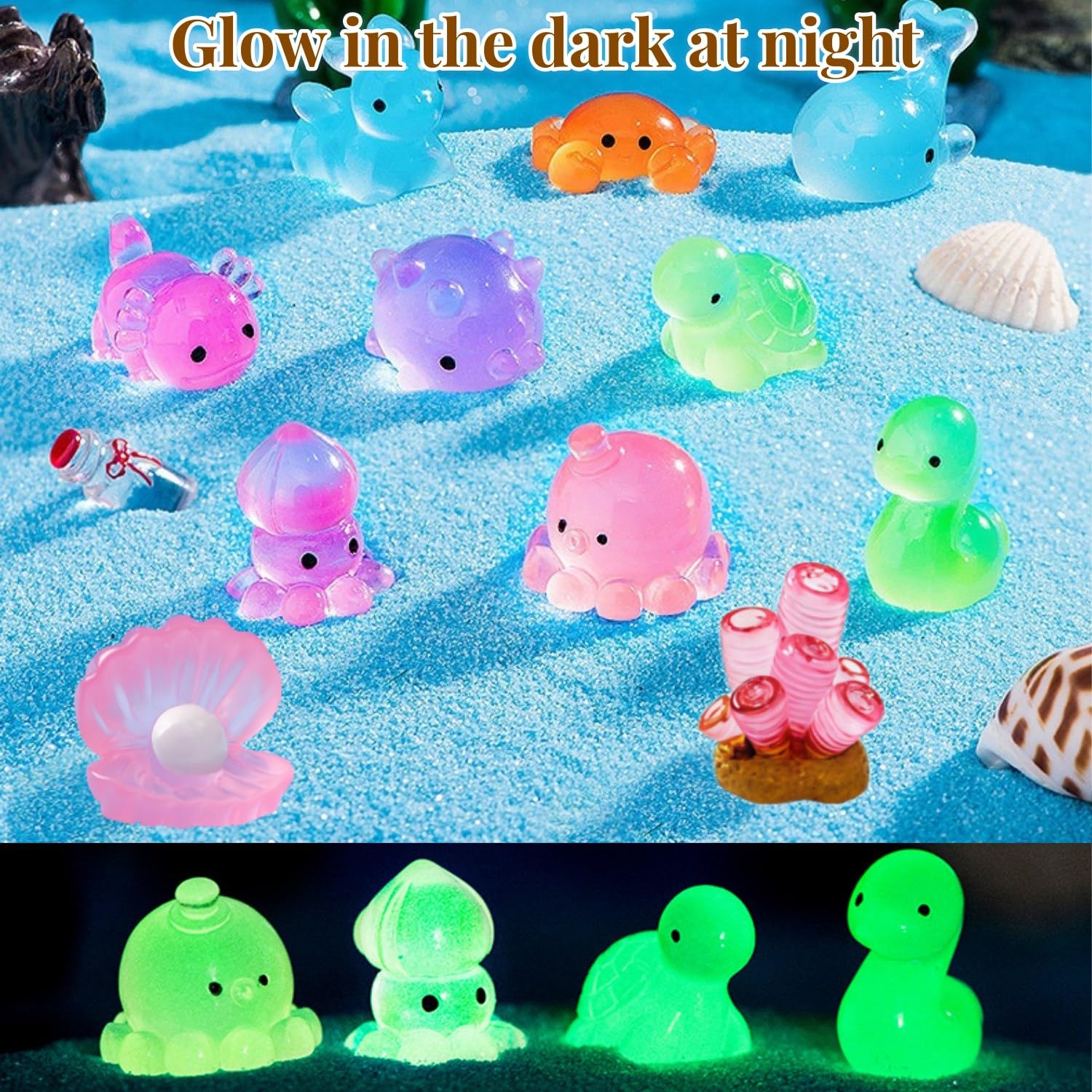 12 mini animali marini in resina che si illuminano al buio