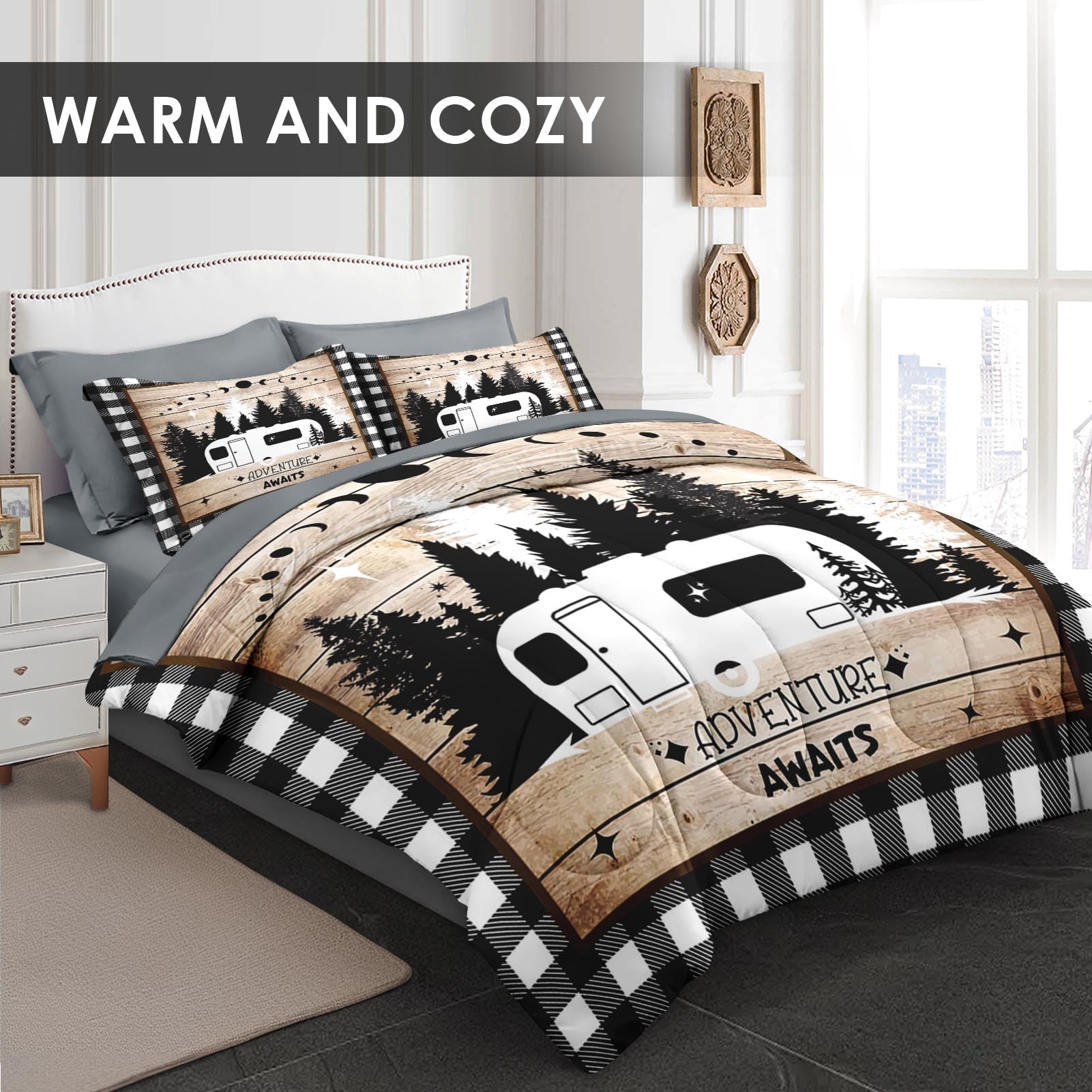 Pamnest Comforter Set Queen Size, Camper Rv Camping Car 7 Pcs Bedding for Kids and Adults, Truck Funny Grey Bed Sheet Sets with Fitted Sheet 2 Pillowcases & 2 Shams for Bedroom Bed Decor