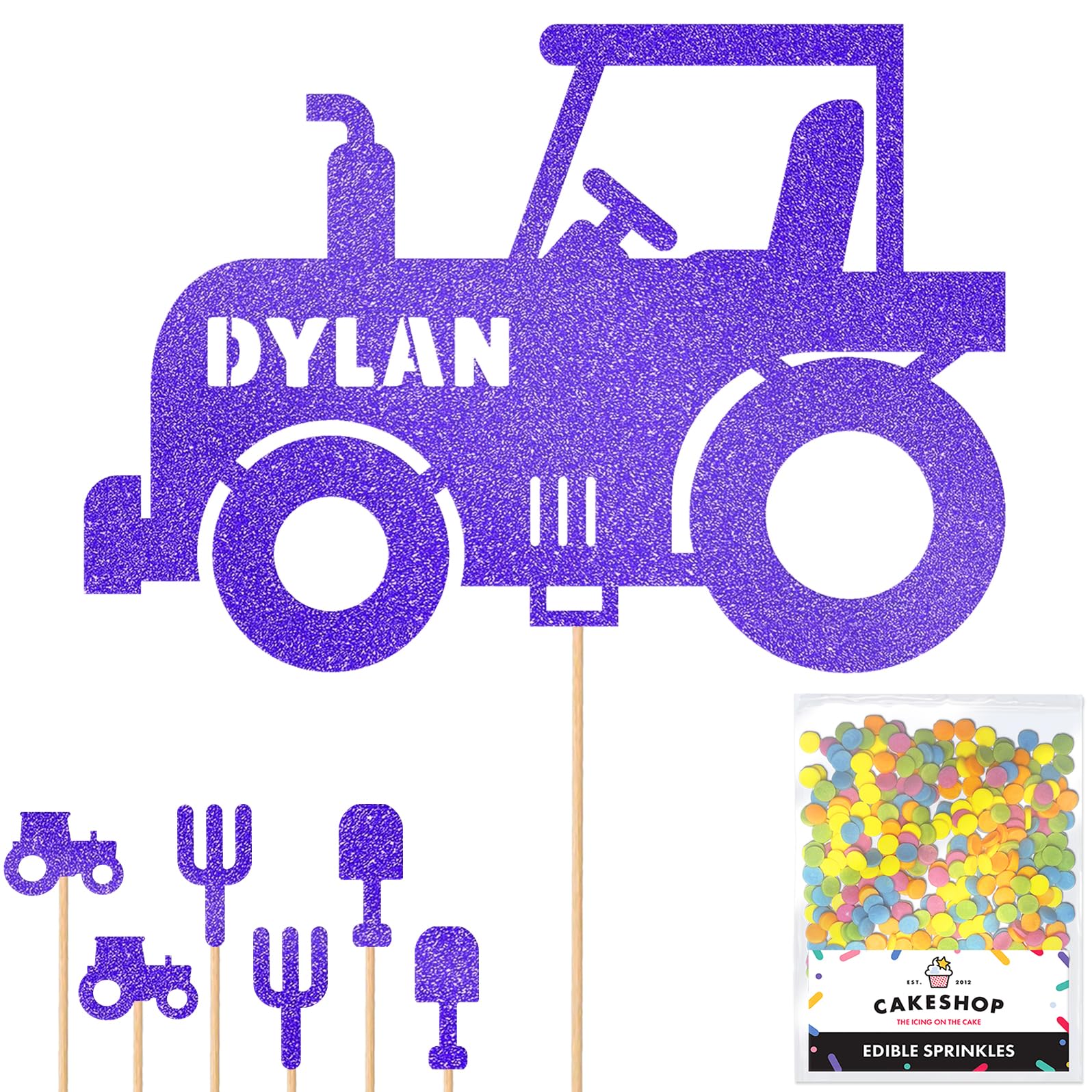 Personalised Farm Tractor Glitter Cake Topper- Dark Silver Any Custom Name Glitter Cake Decoration and Sprinkles - Happy Birthday Decorations - Personalised Toppers for Cakes by Cakeshop