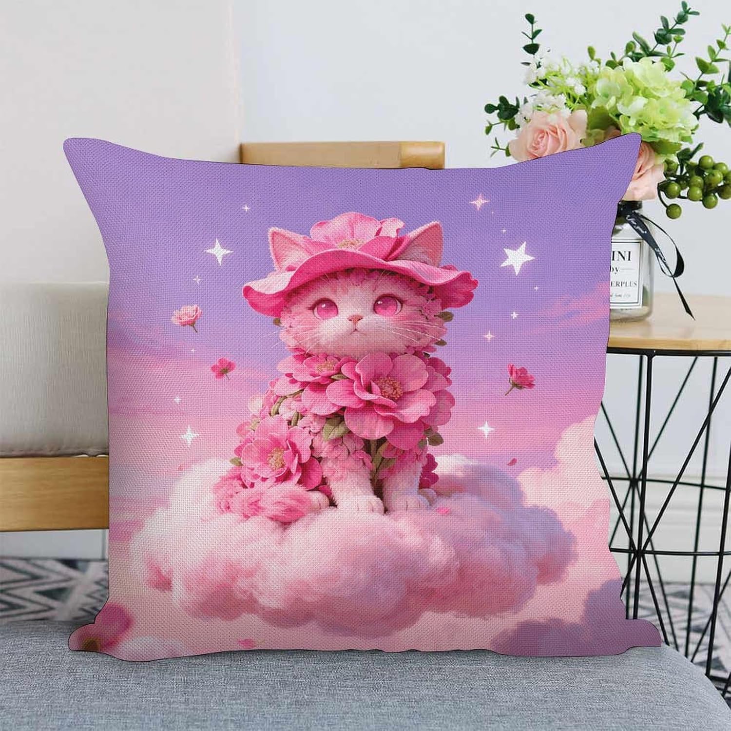 Neon Pink Floral Cat Pillow Protectors Cute Waterproof Pillow Cover Soft Skin-Friendly Cushion Case Decorative Square Cushion Cover for Couch Sofa Bed Living Room Bedroom