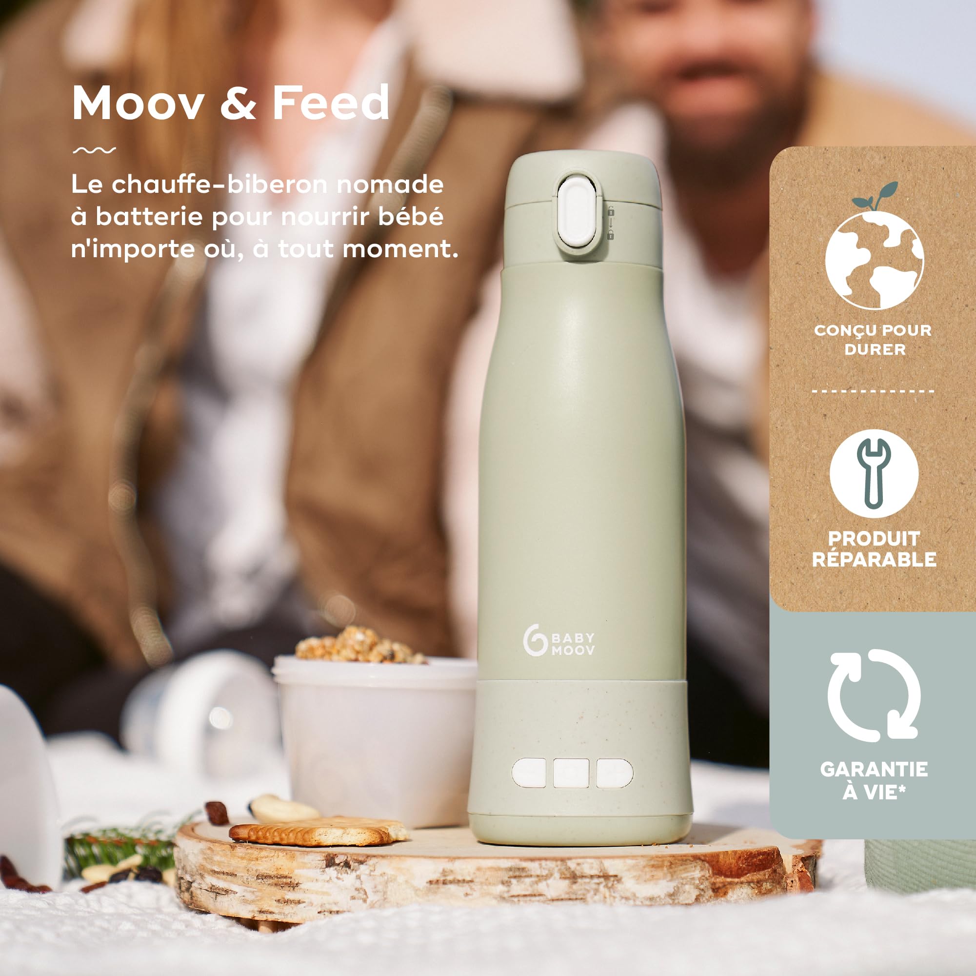 Babymoov Chauffe-Biberon Nomade sans Fil Moov & Feed - Capacité 340ml - Eau ou Lait Maternel - Température réglable - Maintien au Chaud (jusqu'à 7h) - Recharge USB - Garantie à Vie - Vert Sauge