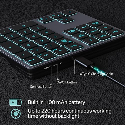 Miniatura 5 de Doohoeek Teclado numérico inalámbrico USB Bluetooth y 2.4G para portátiles, ordenadores PC, Macbooks y tabletas, teclado numérico de modo dual de 34
