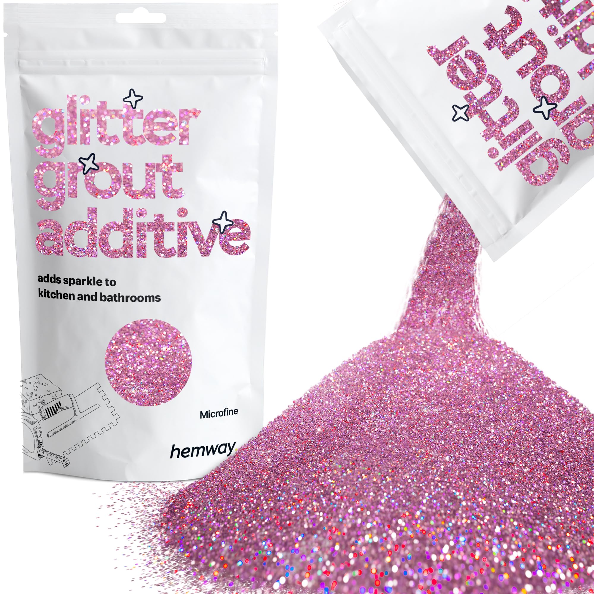 Hemway Pink Holographic Glitter Grout Additive Microfine 100g Metallic Flakes for Adding Sparkle to Kitchen & Bathroom Tiles