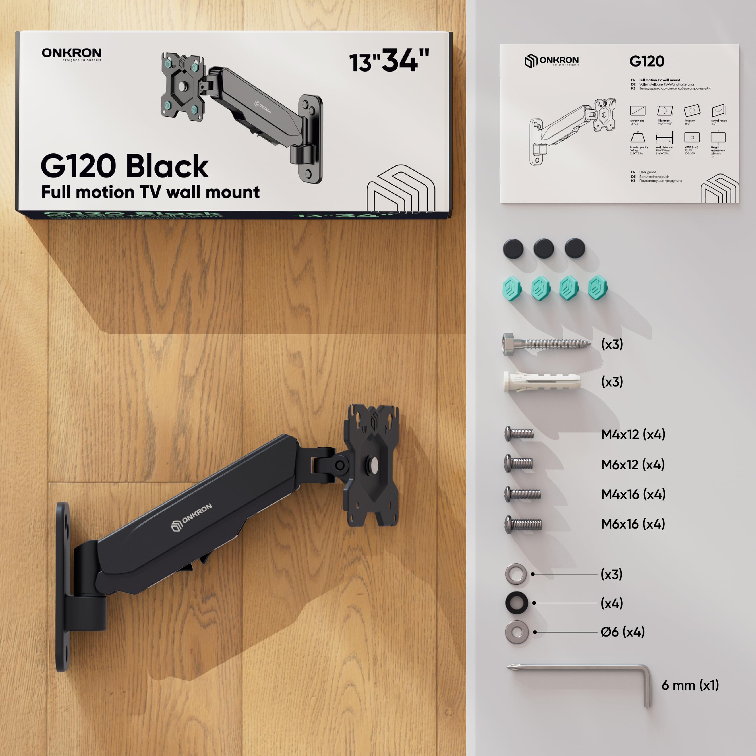 ONKRON Uchwyt Ścienny do Monitora 13"-34", Maks. Nośność 8 kg, Ramię Gazowe z Regulacją Wysokości, VESA 75x75-100x100, Obrót 360°, Pełna Regulacja Monitora, Kanał na Kable, Czarny G120-B
