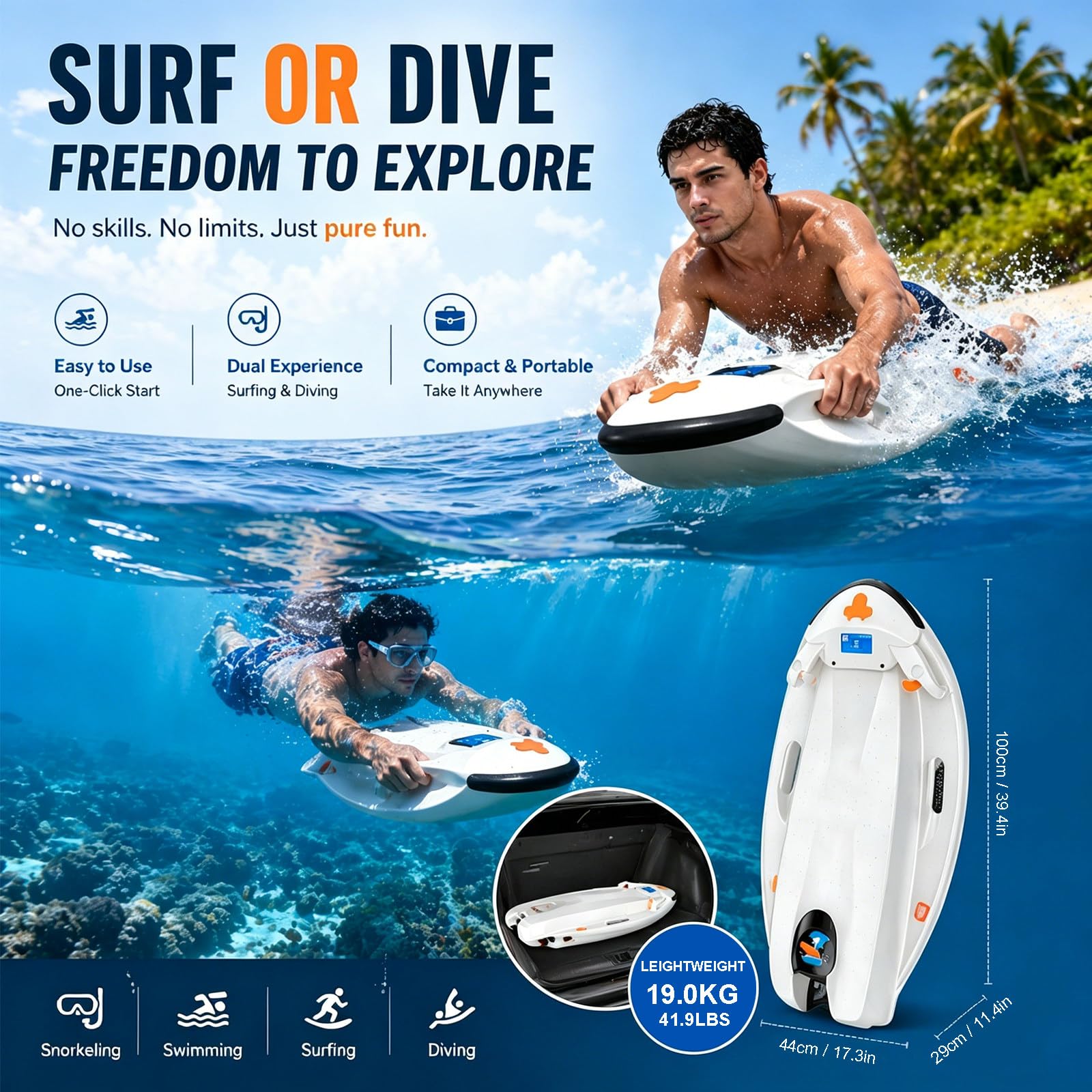 Propulsor Acuatico Para Adultos, Tabla De Surf 2 En 1 Con Empuje 6000W, 2 Modos De Velocidad, Profundidad Subacuática De 5M, Alternativa Portátil Al Paddleboard Para Piscina, Lago Y Playa