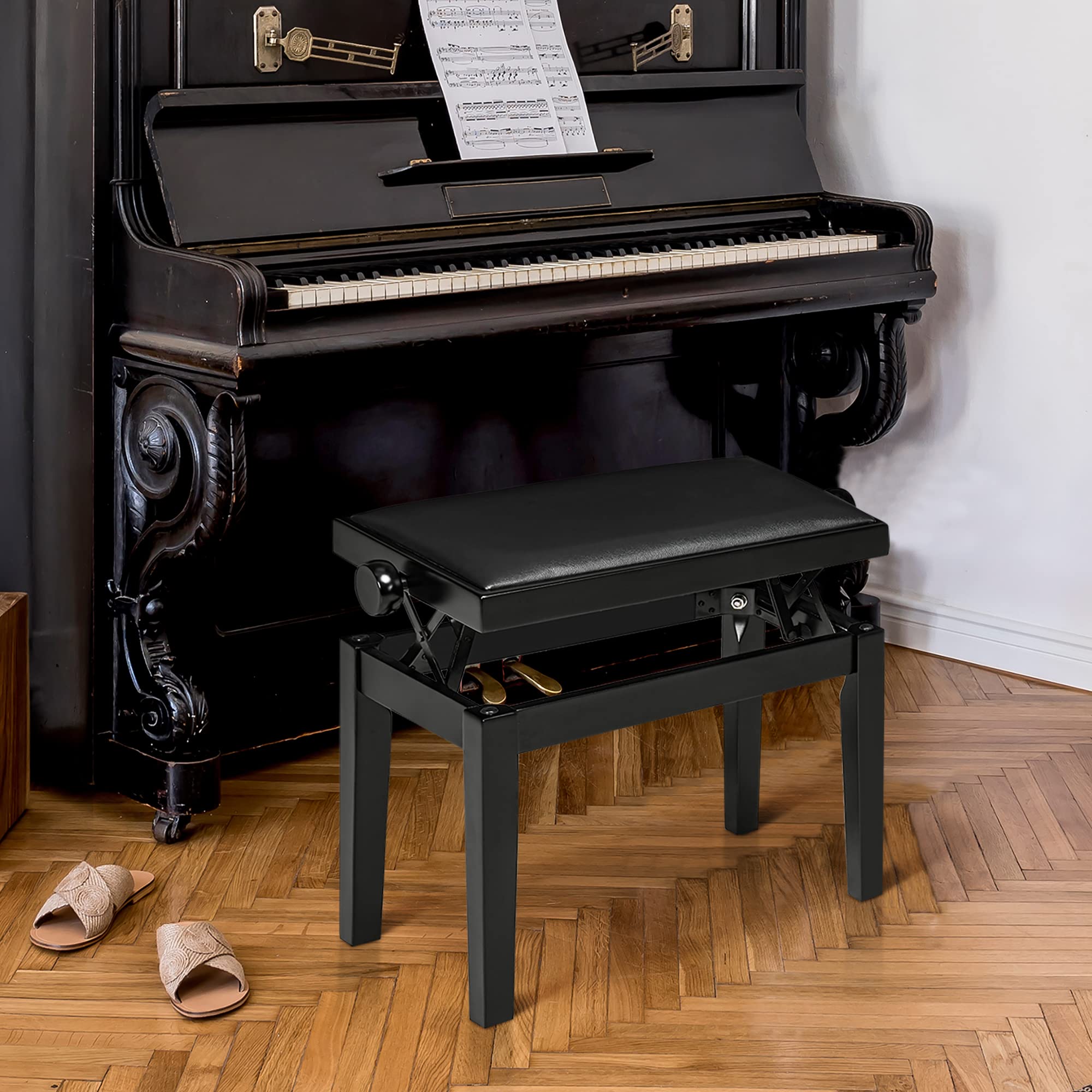 HOMCOM Klavierhocker Höhenverstellbare Klavierbank mit Lederkissen Pianobank Kunstleder Gummiholz Schwarz 63 x 33 x 45-56 cm