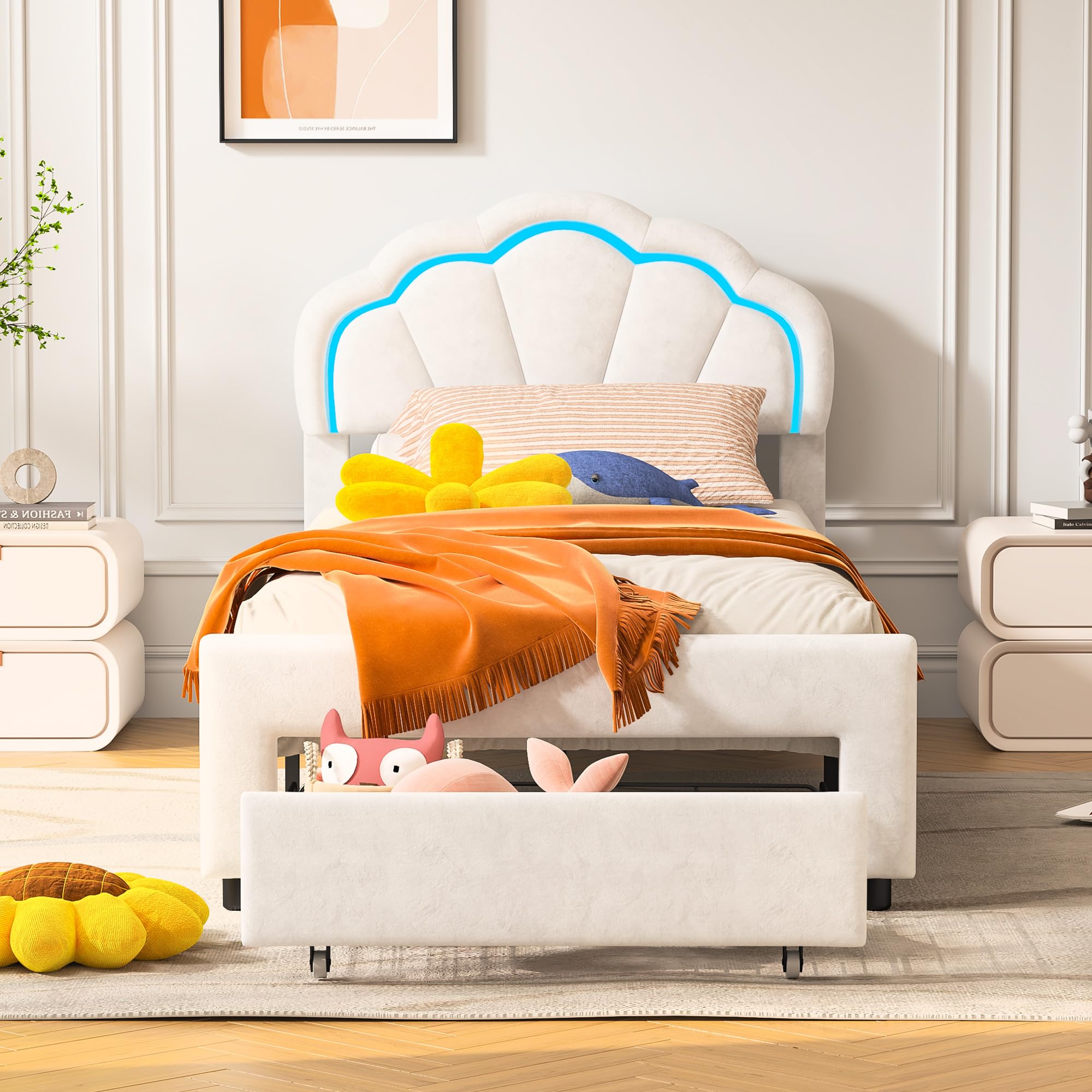 BRILVERDE Lettino imbottito per bambini, 90 x 200, con cassetti, bella testiera a forma di fiore, rete a doghe in legno massiccio, letto da principessa, in materiale velour, delicato sulla pelle