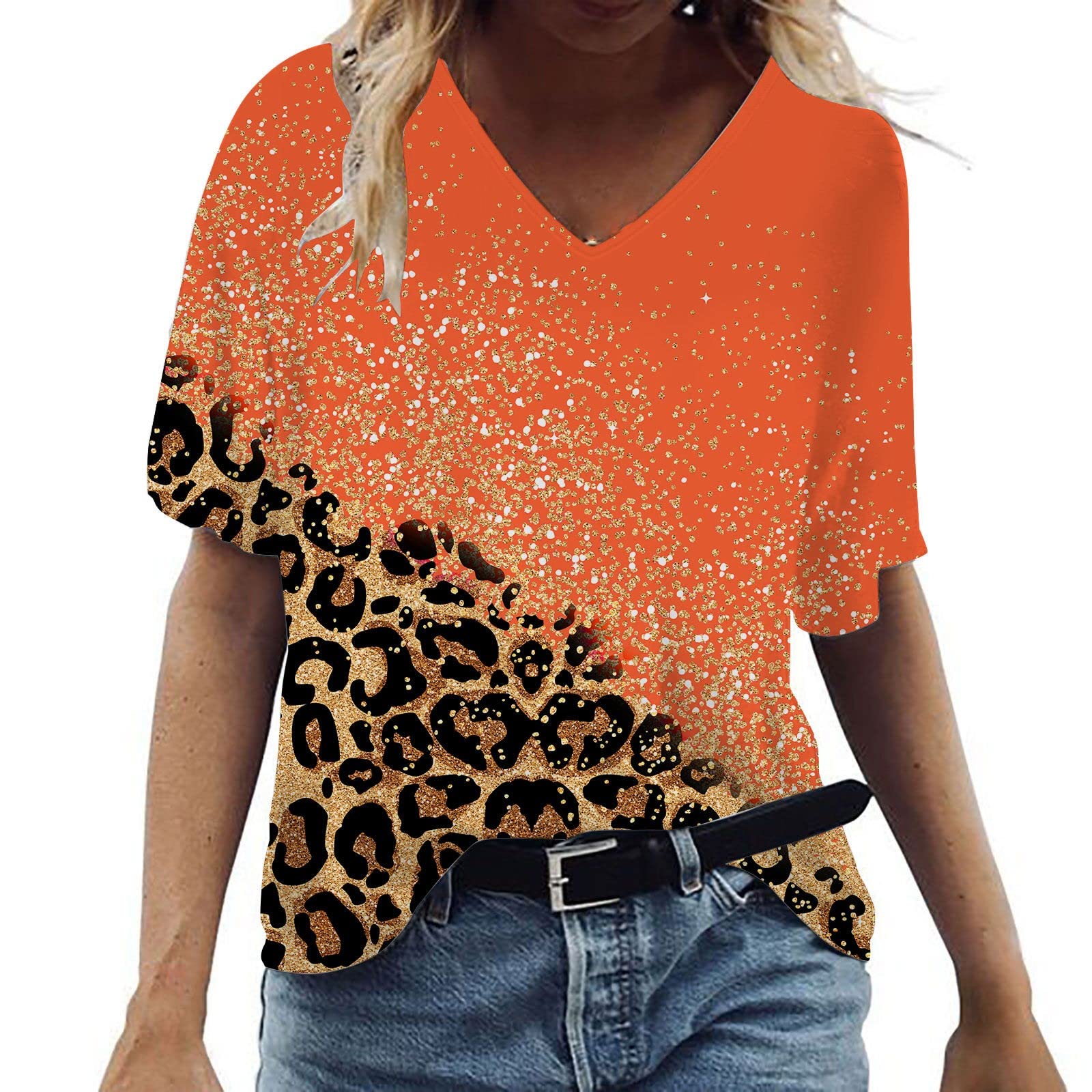 DASAYOWomens Leopard Color Block Tops V-Neck Loose Summer Dressy Casual Tshirts Blouse Fashion Trendy Elegant Shirt Tee