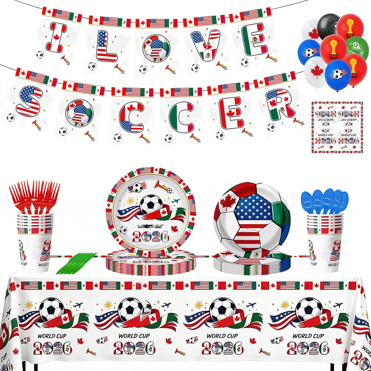 2026 Soccer World Party Supplies 102Pcs – Full Set with Plates, Cups, Napkins, Spoon, Tablecloth, Balloons, Banner & for 10 – Perfect for World Cup Watch Parties & Sports Birthdays