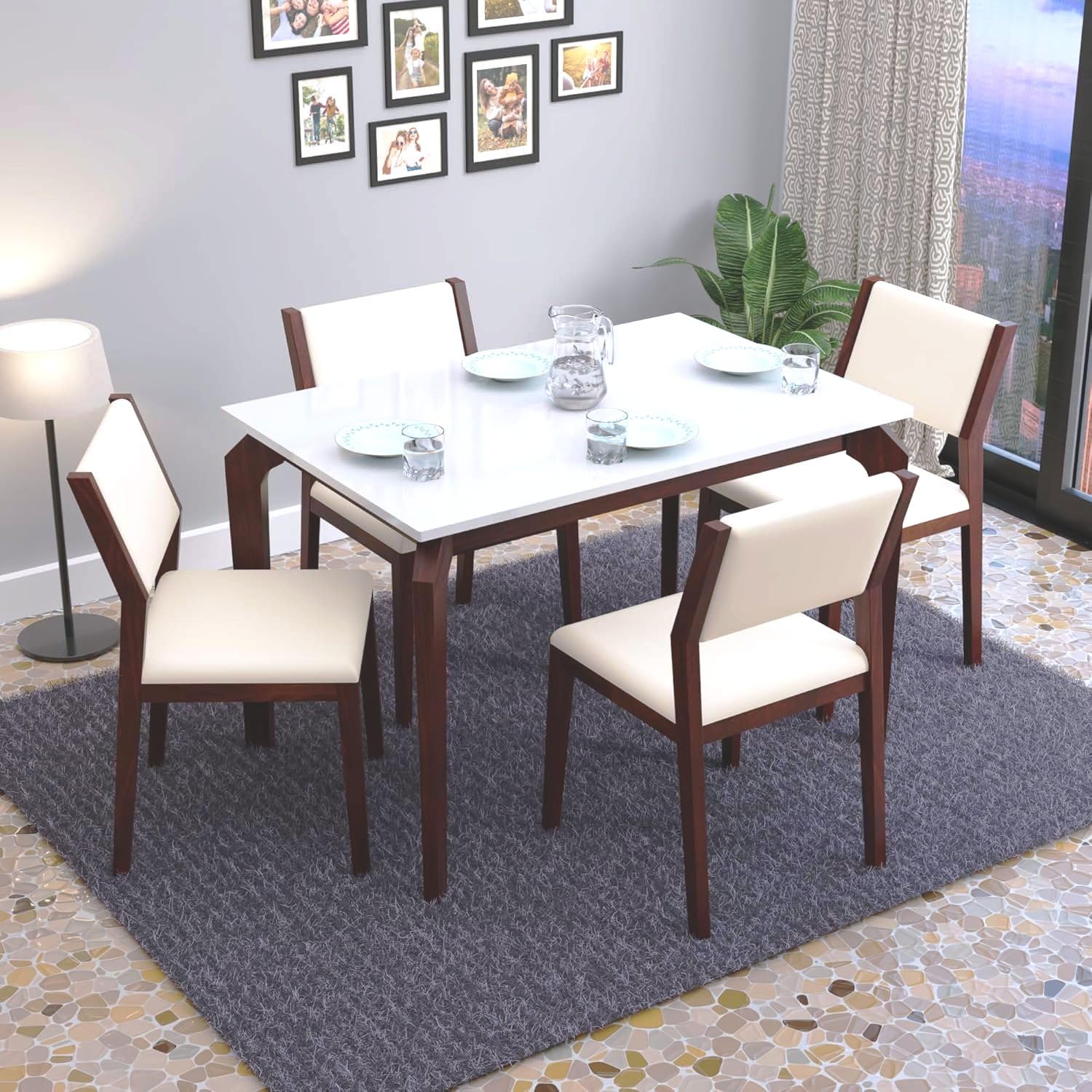 MURALICRAFT Sheesham Wood 45" Dining Table 4 Seater | Marble Finish Four Seater Dinning Table Set with 4 Upholstered Dining Chairs | Table Top: Premium HDMR Wood, Chair: Curved Design, White & Walnut