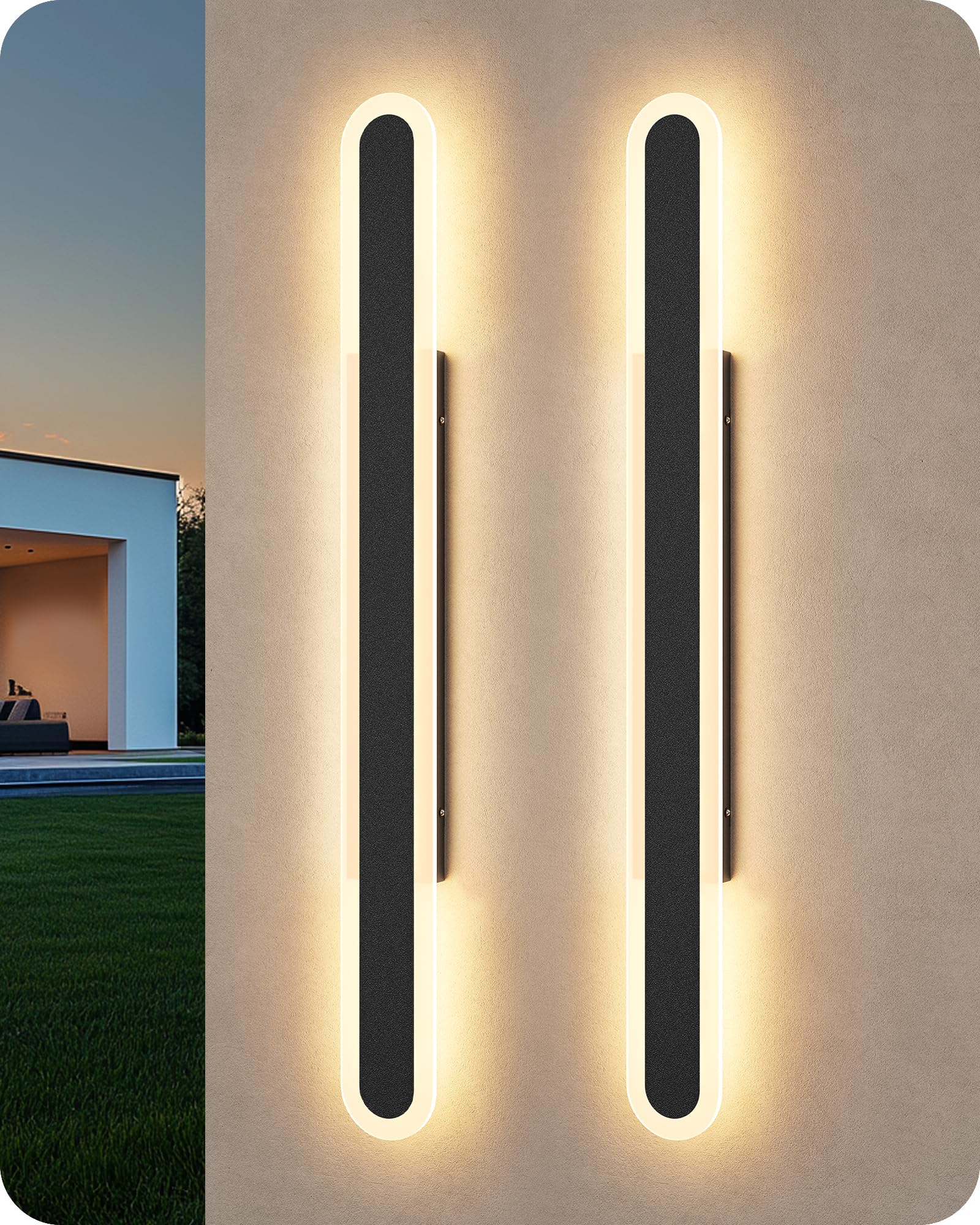 edishine 2 pack 47.2'' led outdoor wall lights, dimmable modern exterior light fixtures, 3cct long oval outdoor wall sconce, ip65 waterproof outside wall light for house, front door, patio, black