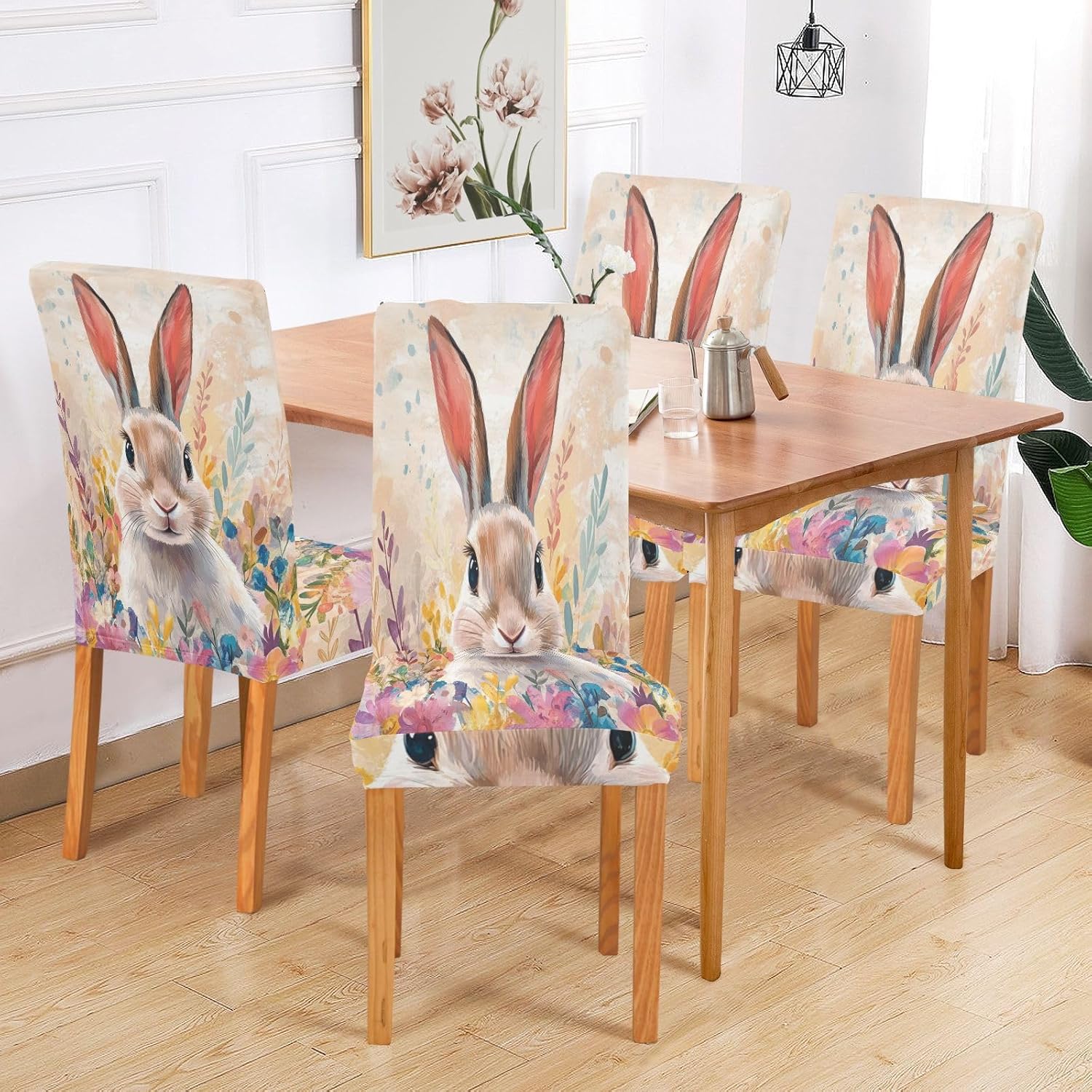 ALAZA Chair Covers for Dining Room, Happy Easter Easter Bunny Floral Stretch Chair Cover Sets Chair Protector Removable Washable for Ktichen Restaurant Hotel