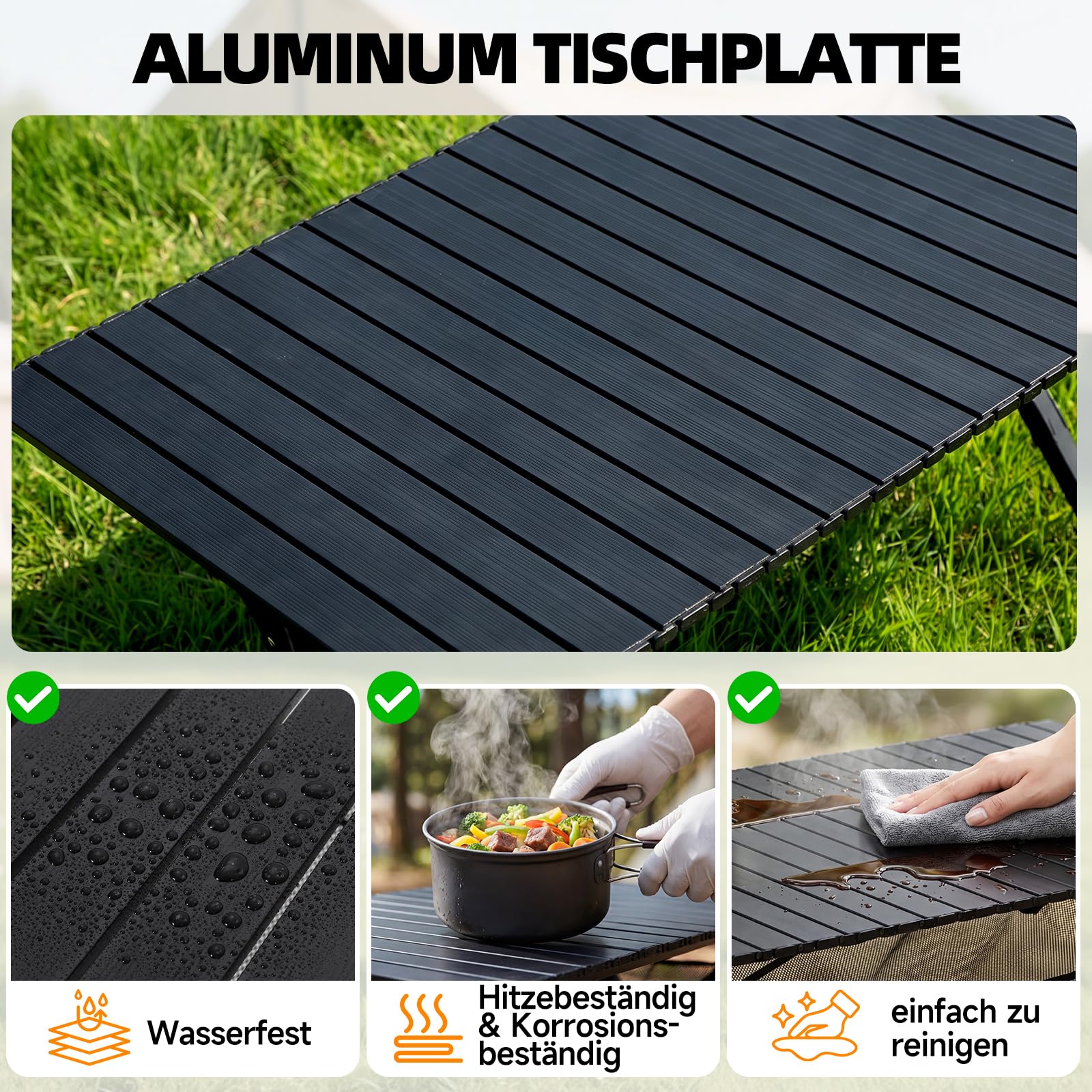 HAUSPROFI Campingtisch Klappbar 120x70x70cm Groß für 4-6 Personen, Klapptisch Aluminium 100 kg Belastbar, Falttisch mit Tragetasche, Outdoortisch Tragbar für Camping Picknick Garten Balkon, Schwarz