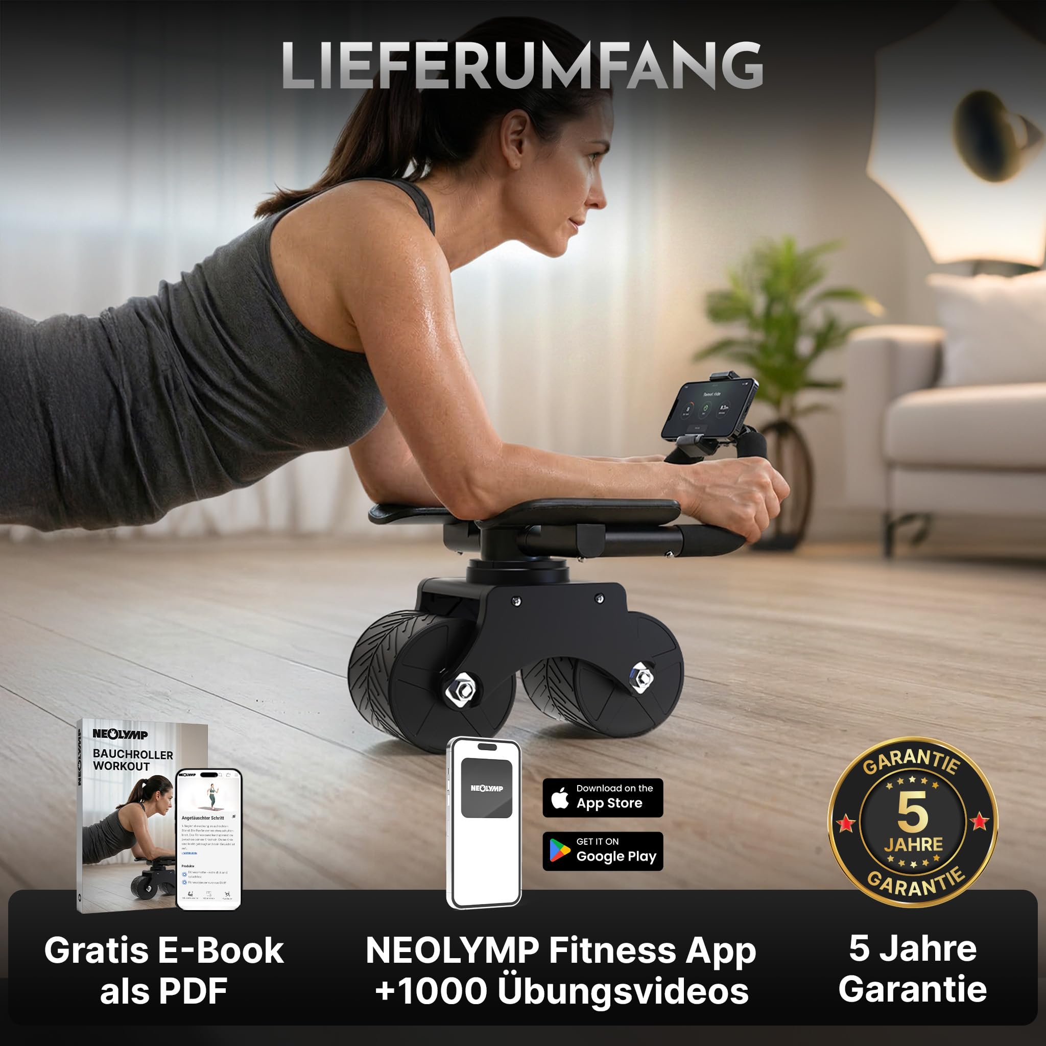 NEOLYMP - Patentierter Bauchroller für Zuhause mit Unterarm-Auflagepads – Extra Breite für Stabilität, 5 Einstellstufen für gerade & seitliche Rollouts & Handyhalterung
