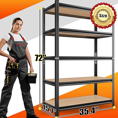 Miniatura 3 de Estantería de garaje de 72 pulgadas de alto, 35.43 pulgadas de ancho, estantería de 5 niveles de fácil montaje, estante ajustable de alta