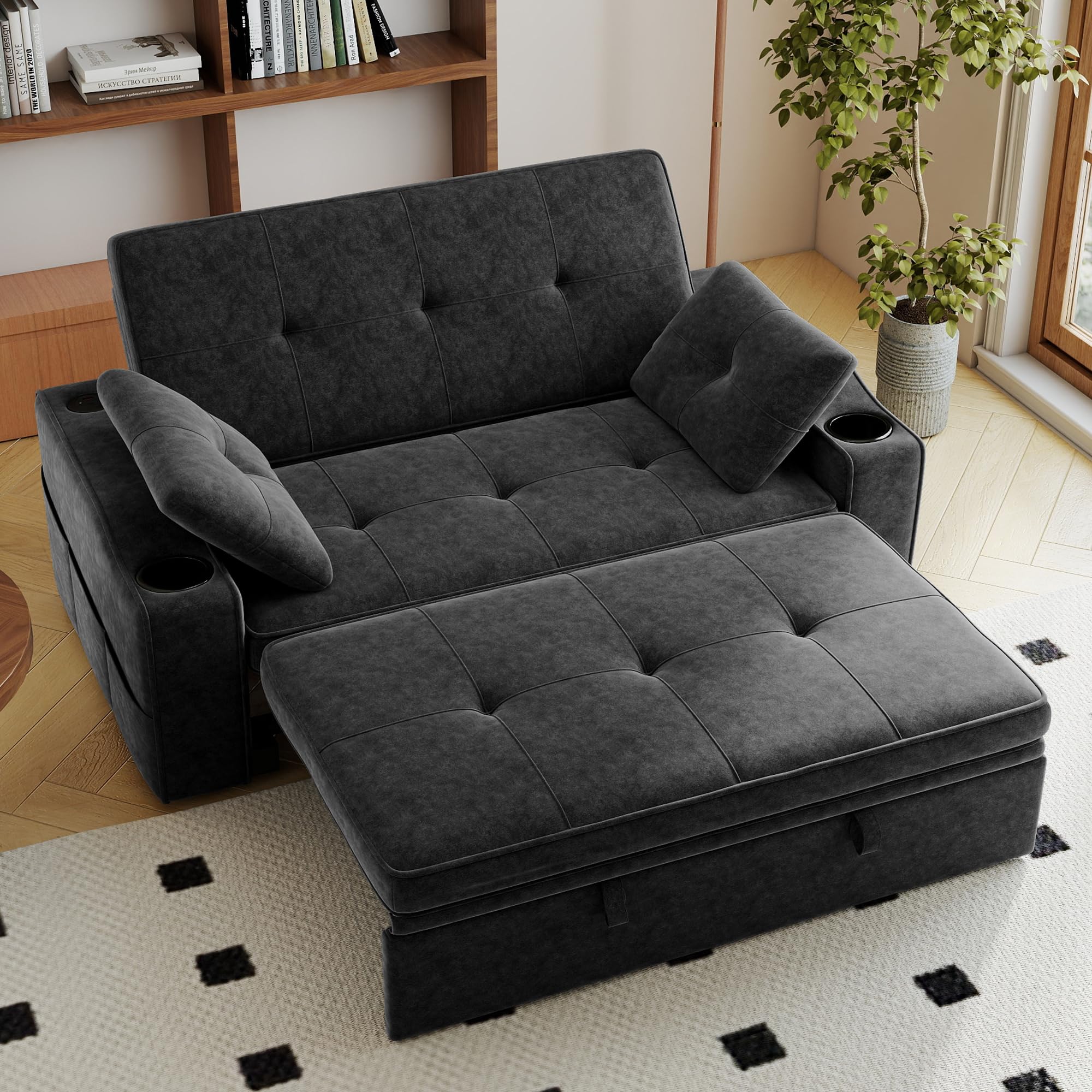 Chenille Loveseat Sofa Bed,3-in-1 Convertible Sleeper Sofa with 5-Level Adjustable Backrest & Cup Holders,Pull-Out Couch for Living Room,Study or Sunroom,DarkGrey