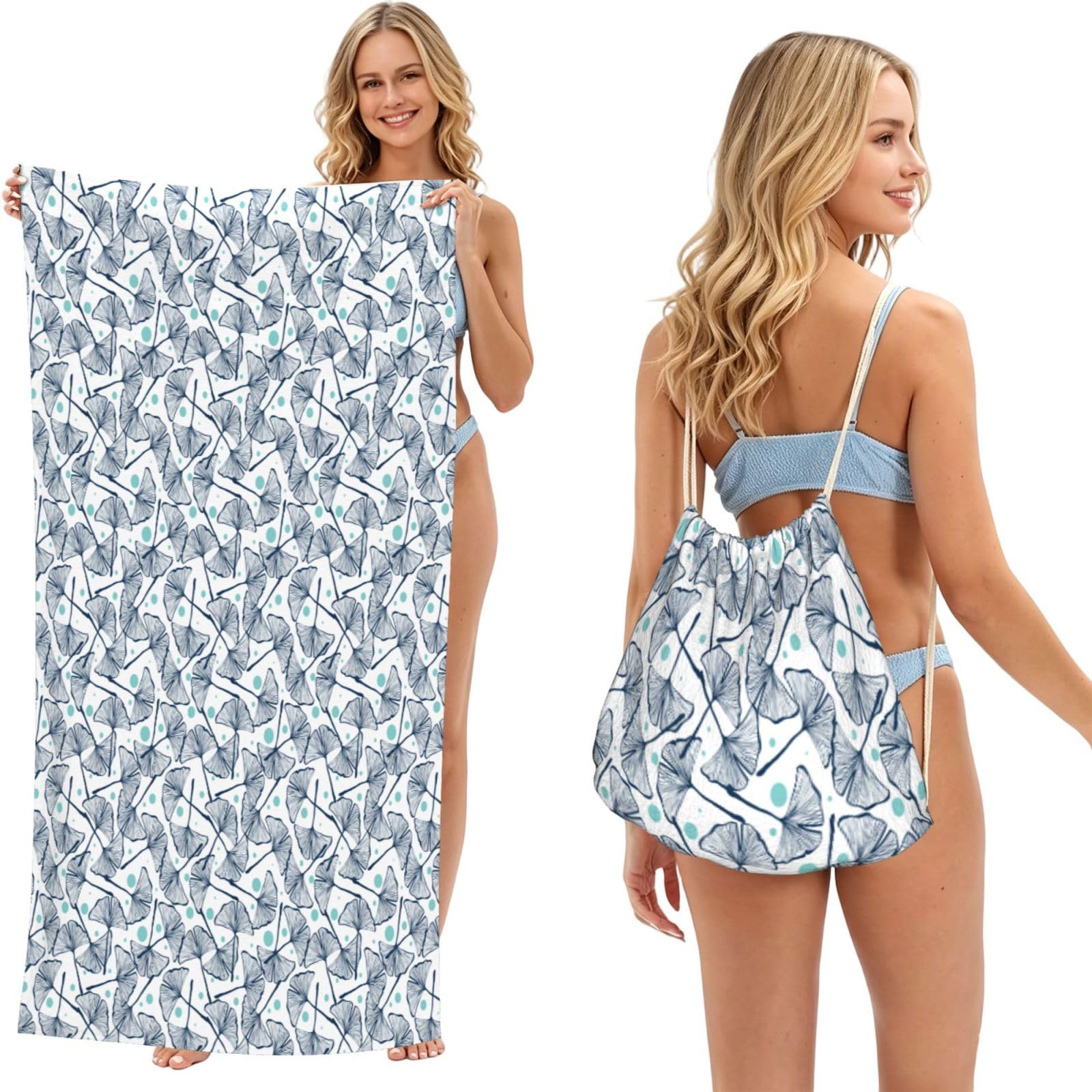 Poadnly As Picture Gingko Biloba, 2 In 1 Packable Towel Bag, Beach Towels With Drawstring Backpack For Travel Holiday Camping