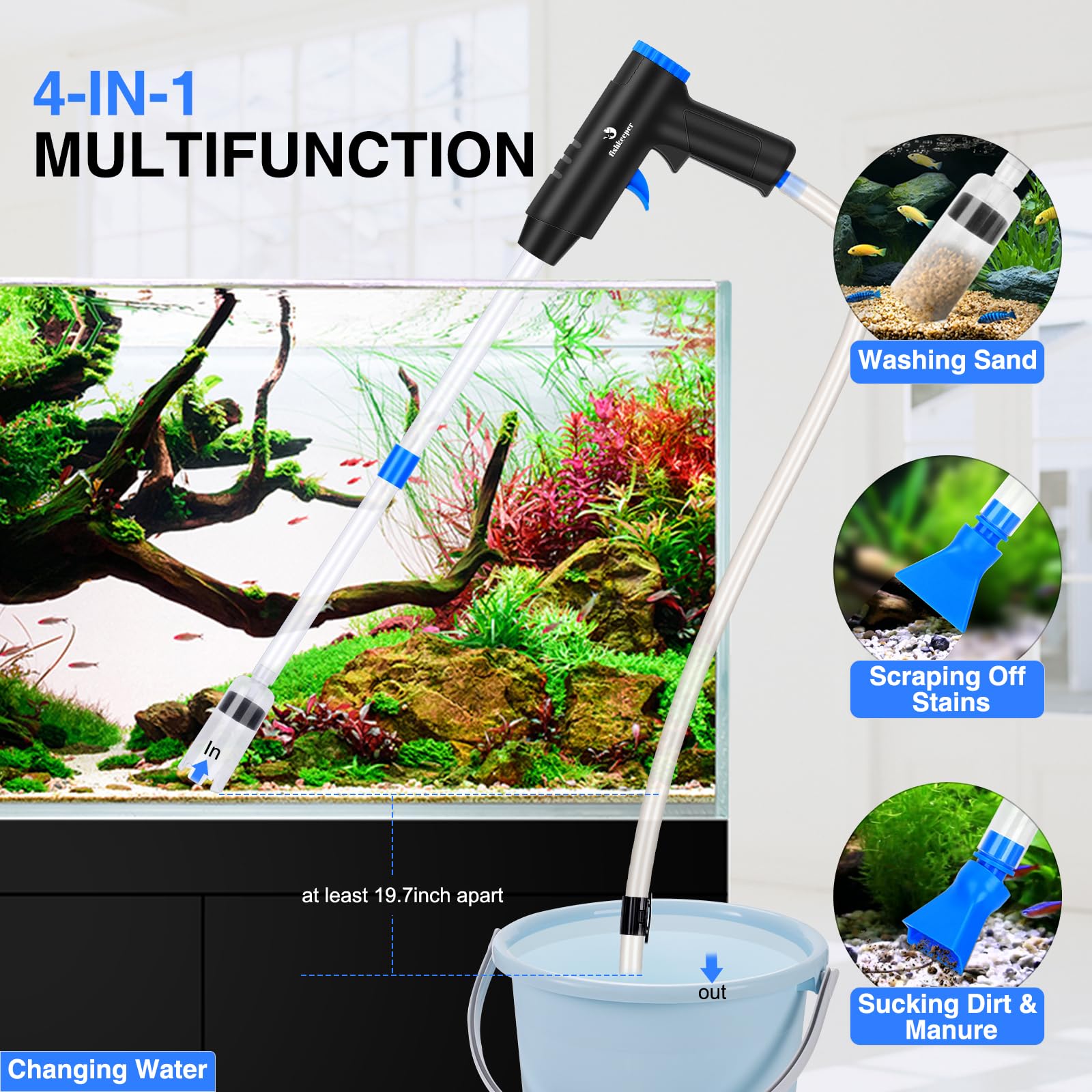 fishkeeper Mulmsauger Aquarium, 4 in 1 Starke Aquarium Sauger Einstellbarer Aquarium Reinigungsset，Herausnehmbarer Bodenreiniger gegen Verstopfung für Wasserwechsel Sandreinigung und Wasserumwälzung