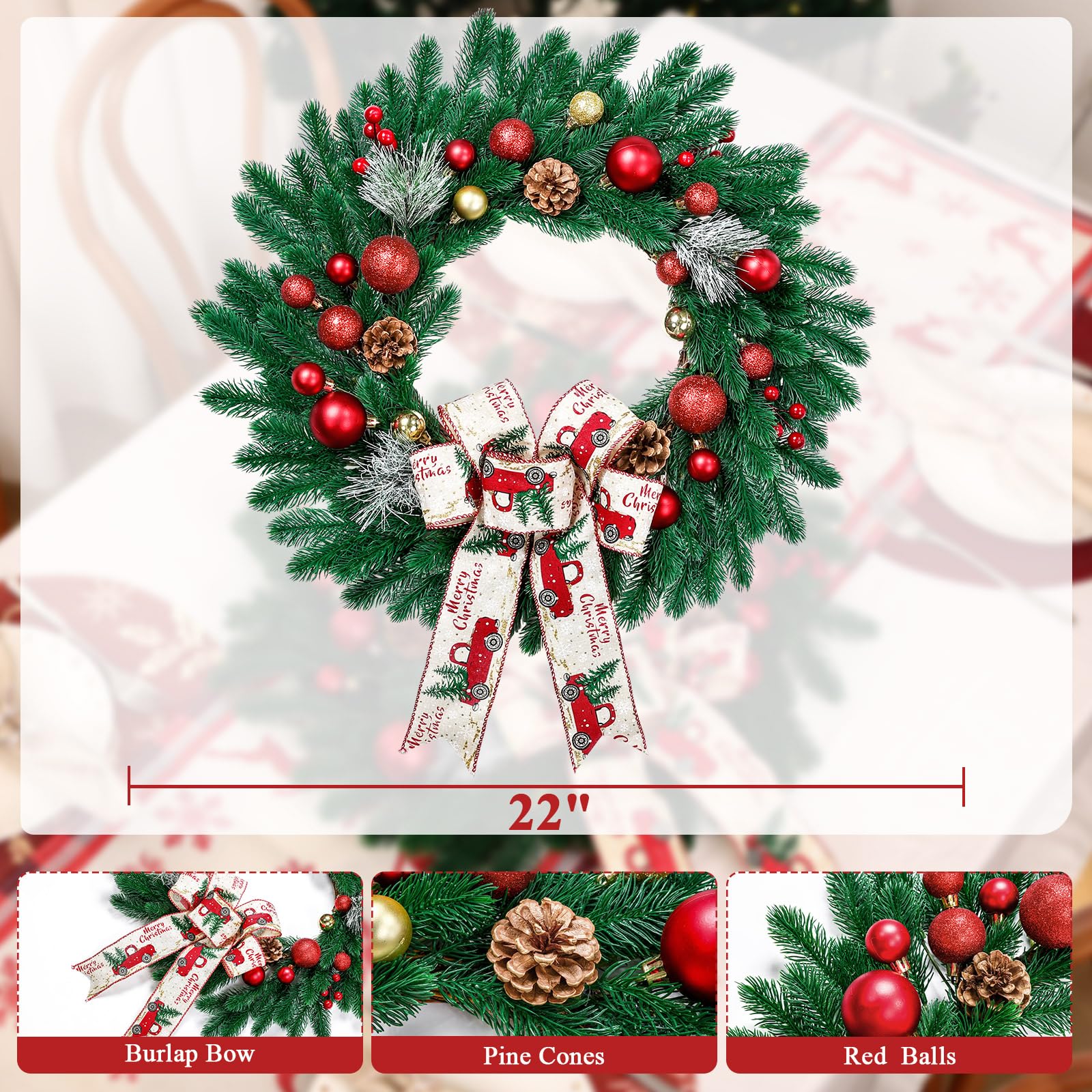 Coronas artificiales de Navidad de 22 pulgadas, corona decorativa duradera para colgar con conos de pino, bayas rojas, lazo a cuadros de búfalo, adornos de bolas para decoración navideña del