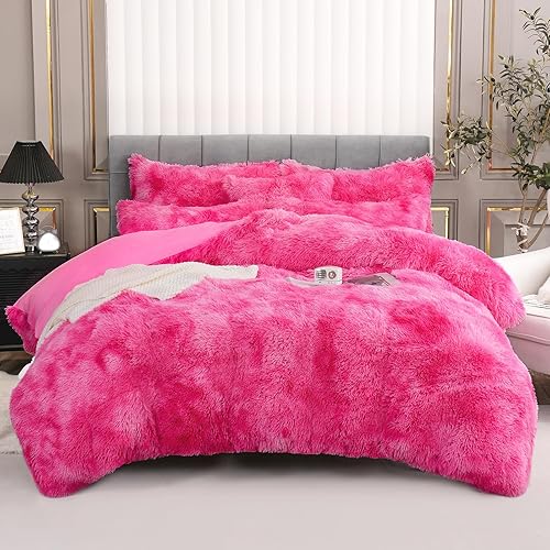 Vista 12 de Juego de funda de edredón rosa de felpa esponjosa, tamaño King, juego de funda de edredón de terciopelo suave de lujo, 4 piezas