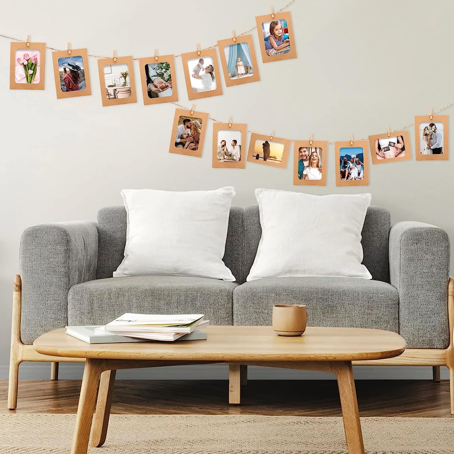 Portafoto Da Parete Multiplo Set Cornici Foto In Carta Kraft - 40 Cornici + 40 Clip Legno + 4 Corde, Colorate, Per Collage E Decorazione Parete DIY Decorazioni Camera Da Letto