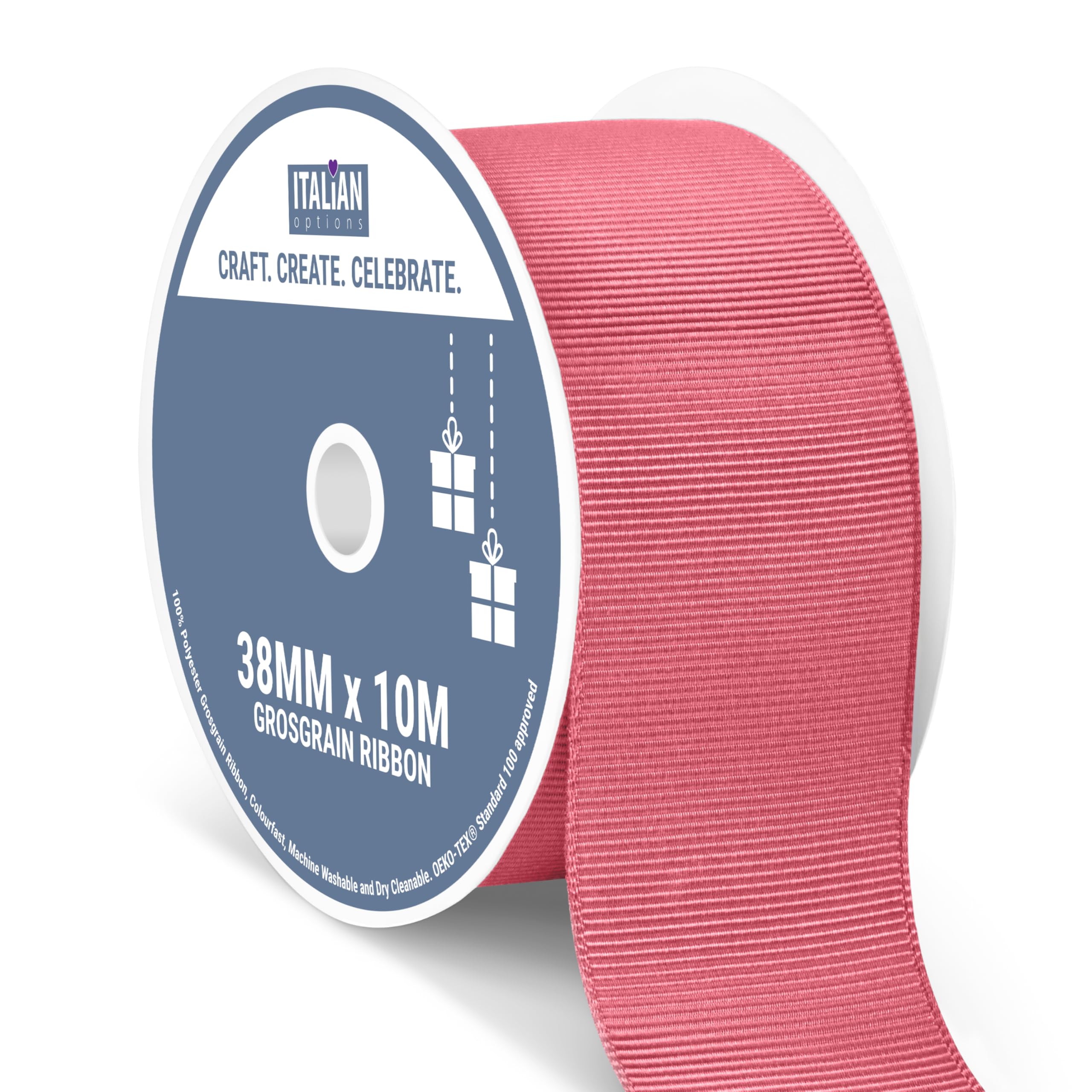 Italian Options Grosgrain Ribbon 38mm, Strong Plain Coral Ribbon for Bows, Wedding, Crafting, Sewing, Hair Accessories, Gift Wrap, 38 mm x 10 Metre Roll, Coral