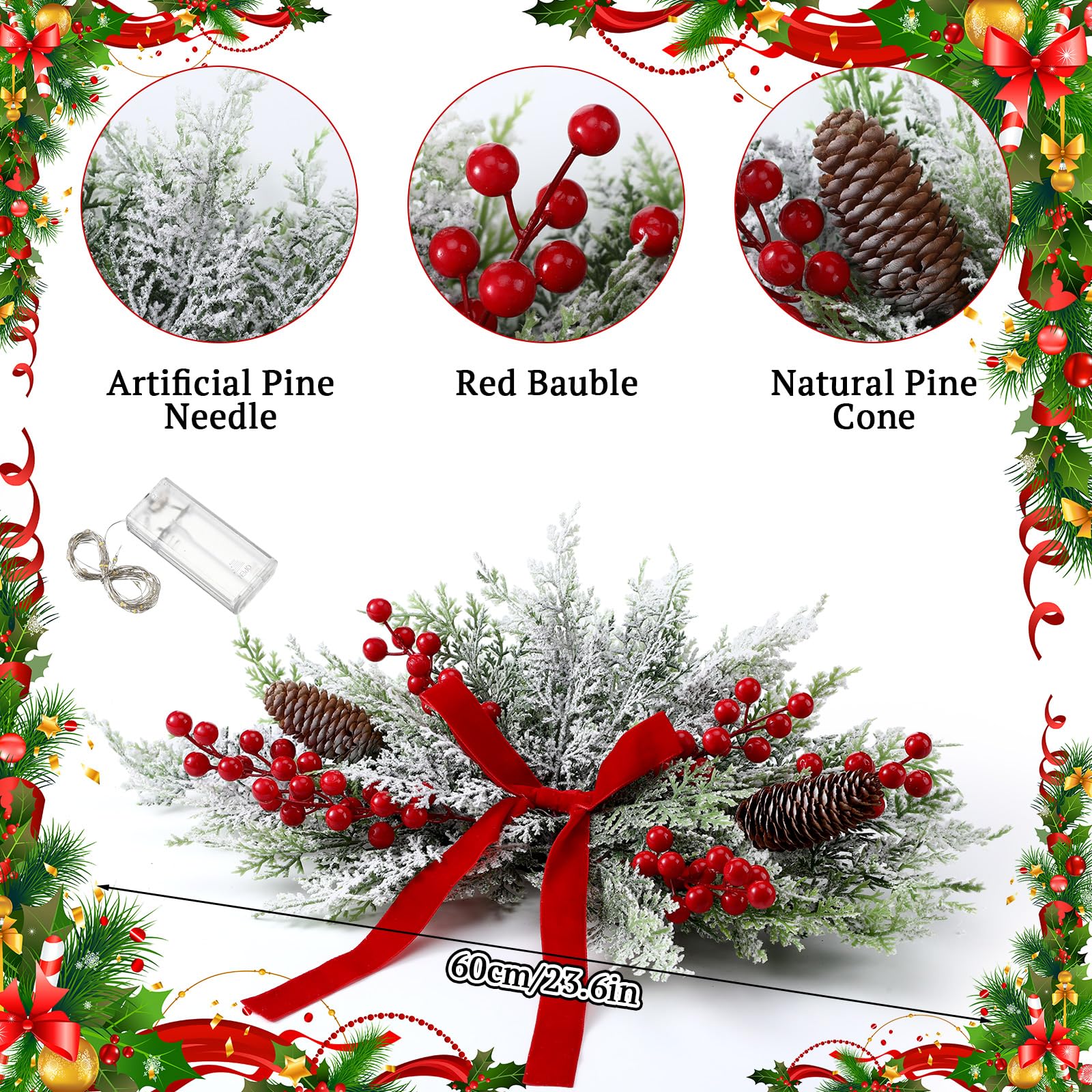 Giegxin Guirlande de Noël artificielle en cèdre givré de 61 cm avec nœud rouge et lumières LED pour porte d'entrée, guirlande de sapin de Noël, couronne de Noël synthétique pour boîte aux lettres