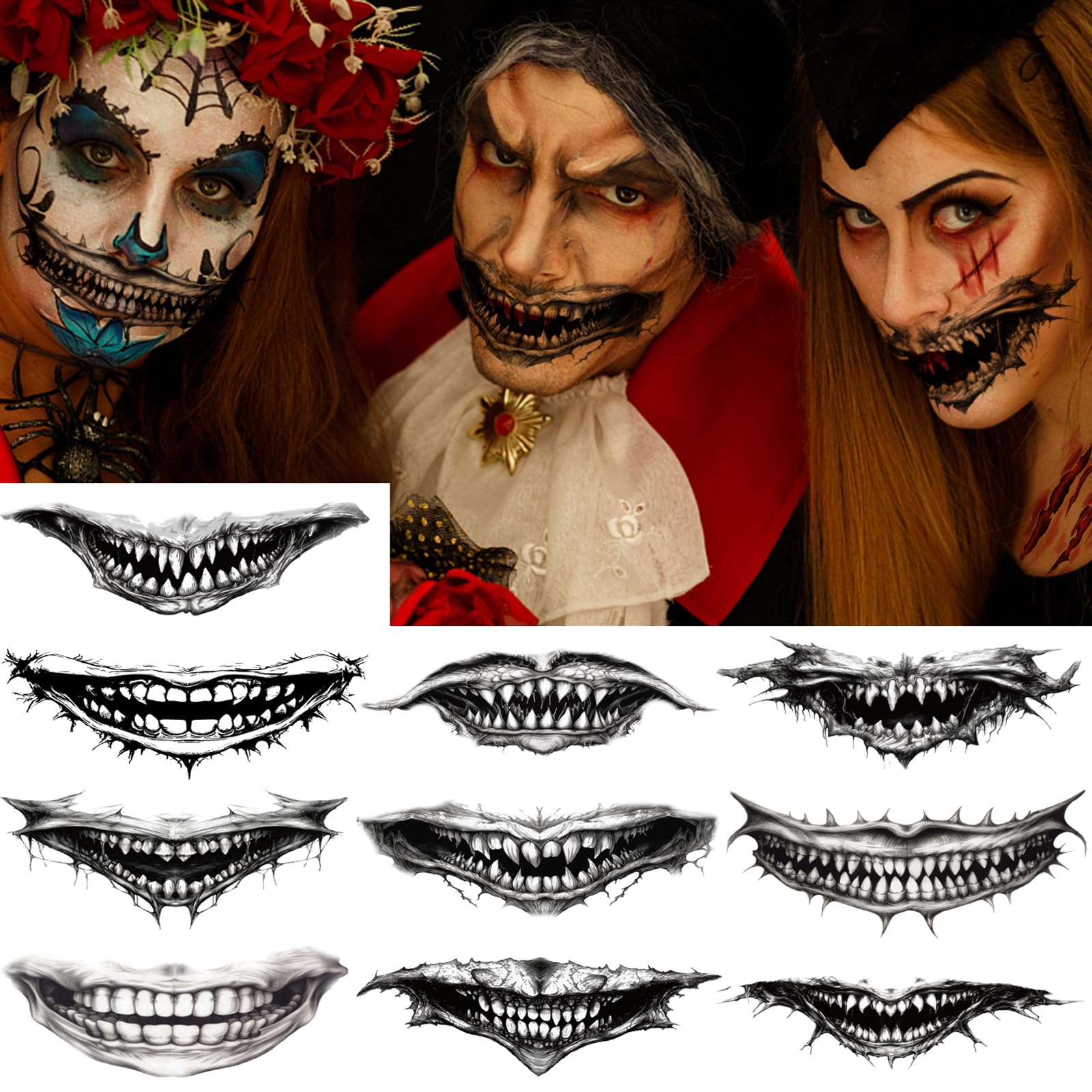 Halloween Gesichtsaufkleber & Temporäre Tattoos - Mit Totenkopf, Floralen Mustern & Glitzer, 10 Blätter