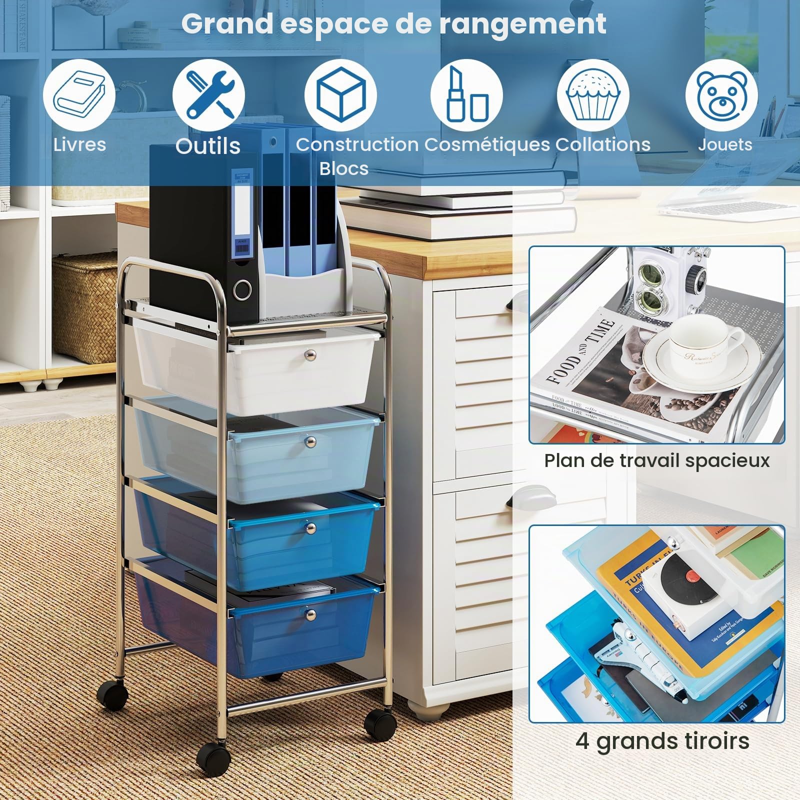GIANTEX Chariot de salle de bain avec 4 tiroirs empilables - Chariot de rangement pour cuisine, salle de bain, bureau - 32 x 37 x 76 cm - Bleu
