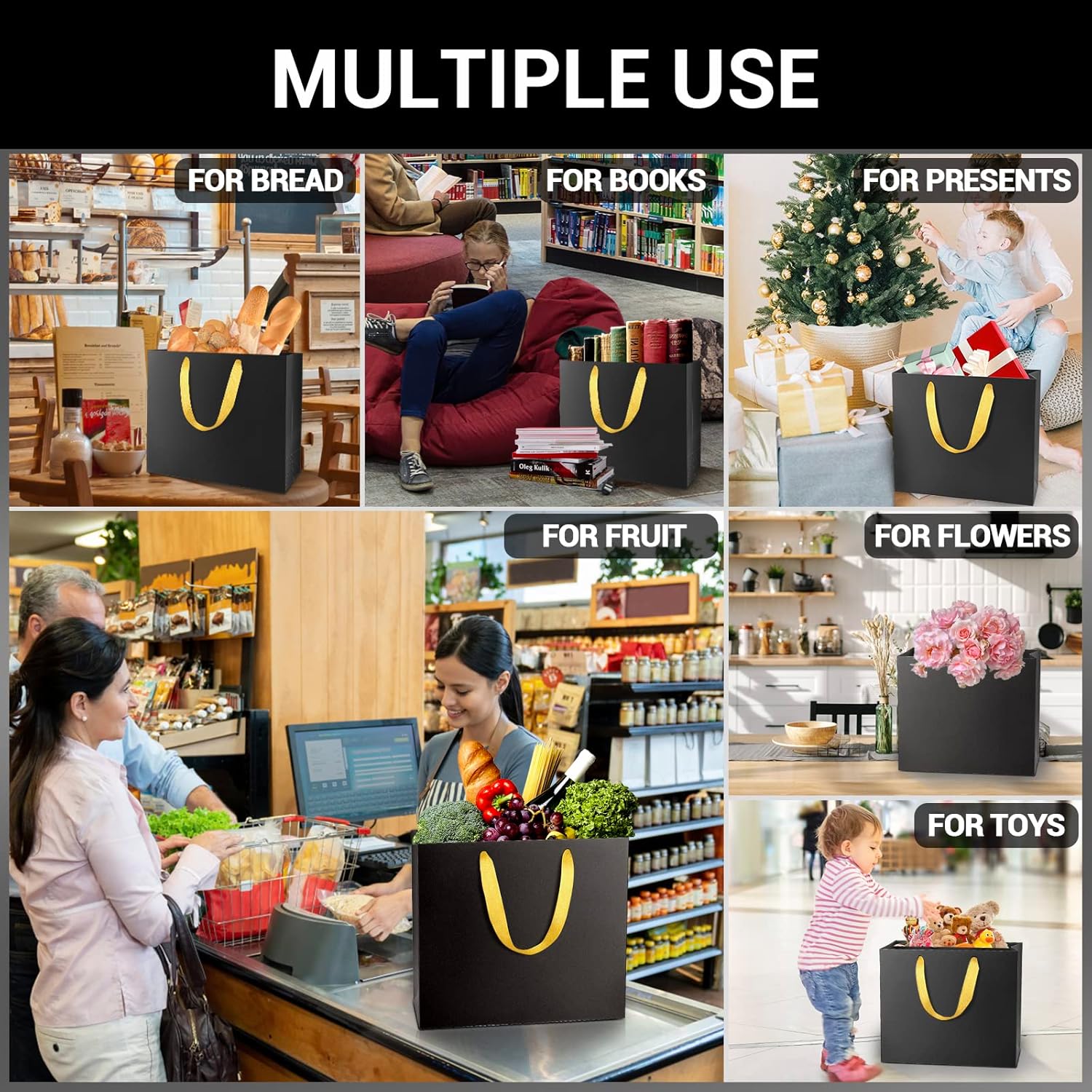 EUSOAR Large Black Golden Handles Shopping Bags, 20 Pack 12.5x4.5x11 inches Gift Wrap Bags Handles Bulk, Merchandise Retail Wrapping Bags for Business, Craft Grocery, Wedding - Image 4