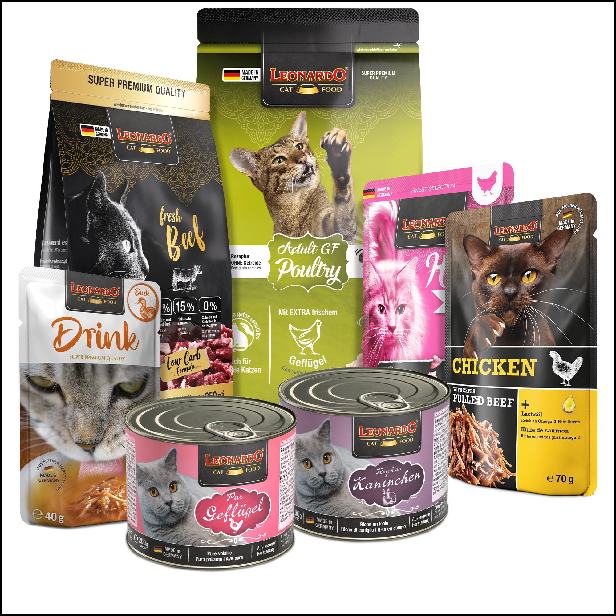 LEONARDO Katzenfutter Kennenlernpaket, 2 Sorten Trockenfutter und 5 Sorten Nassfutter für Katzen, ohne Zusatzstoffe, für alle Rassen, Made in Germany