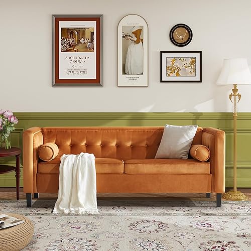 Sofá Dreamsir de terciopelo de 78 pulgadas de ancho, muebles de mediados de siglo con almohadas de refuerzo, sofá con botones para sala de estar,