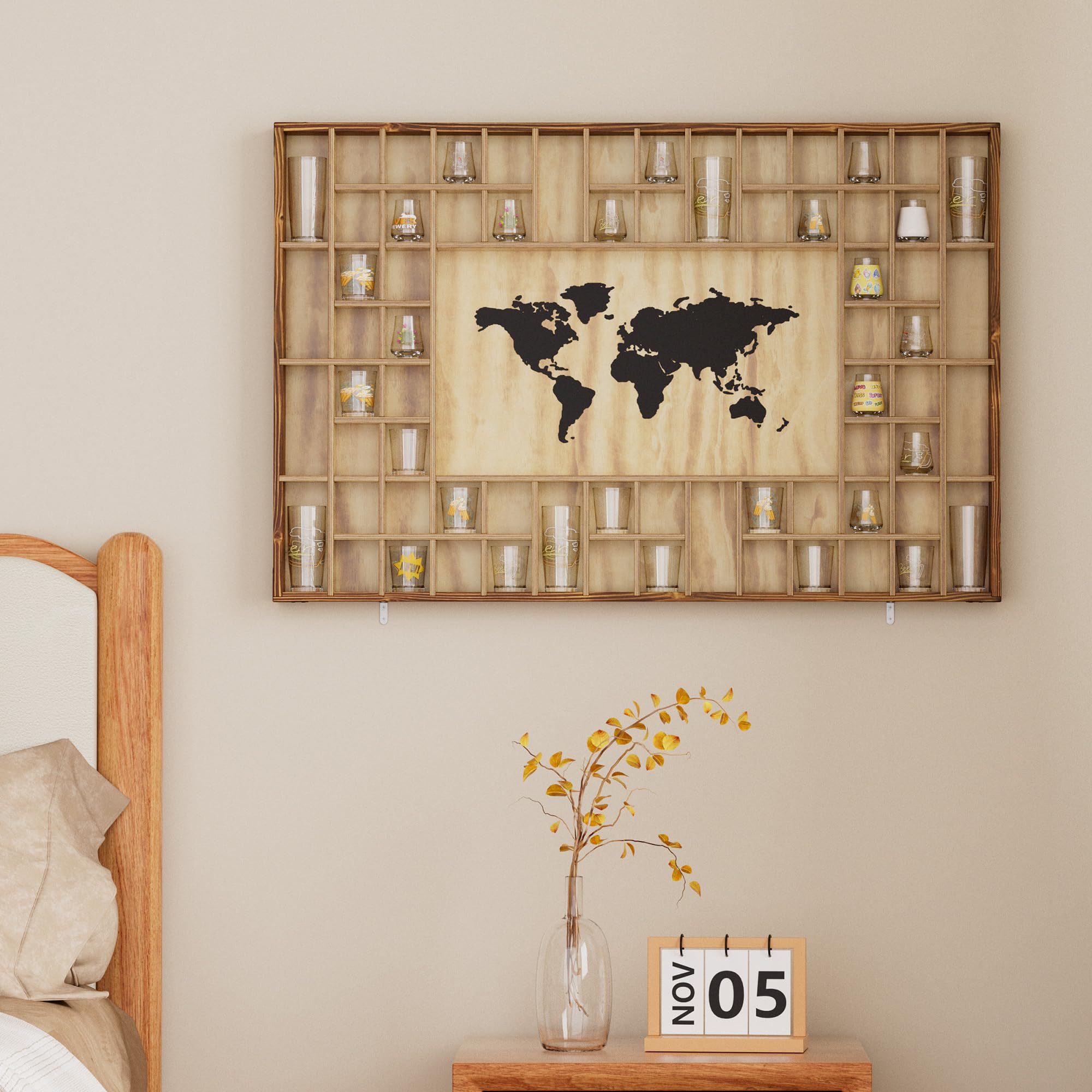 68 große Weltkarte Schnapsglas Vitrine Rustikaler Schnapsglashalter 94 x 62 cm braunes Holzregal für 2 verschiedene Größen Brillenregal Wandhalterung Aufbewahrungsschrank für Bar Zuhause Küche