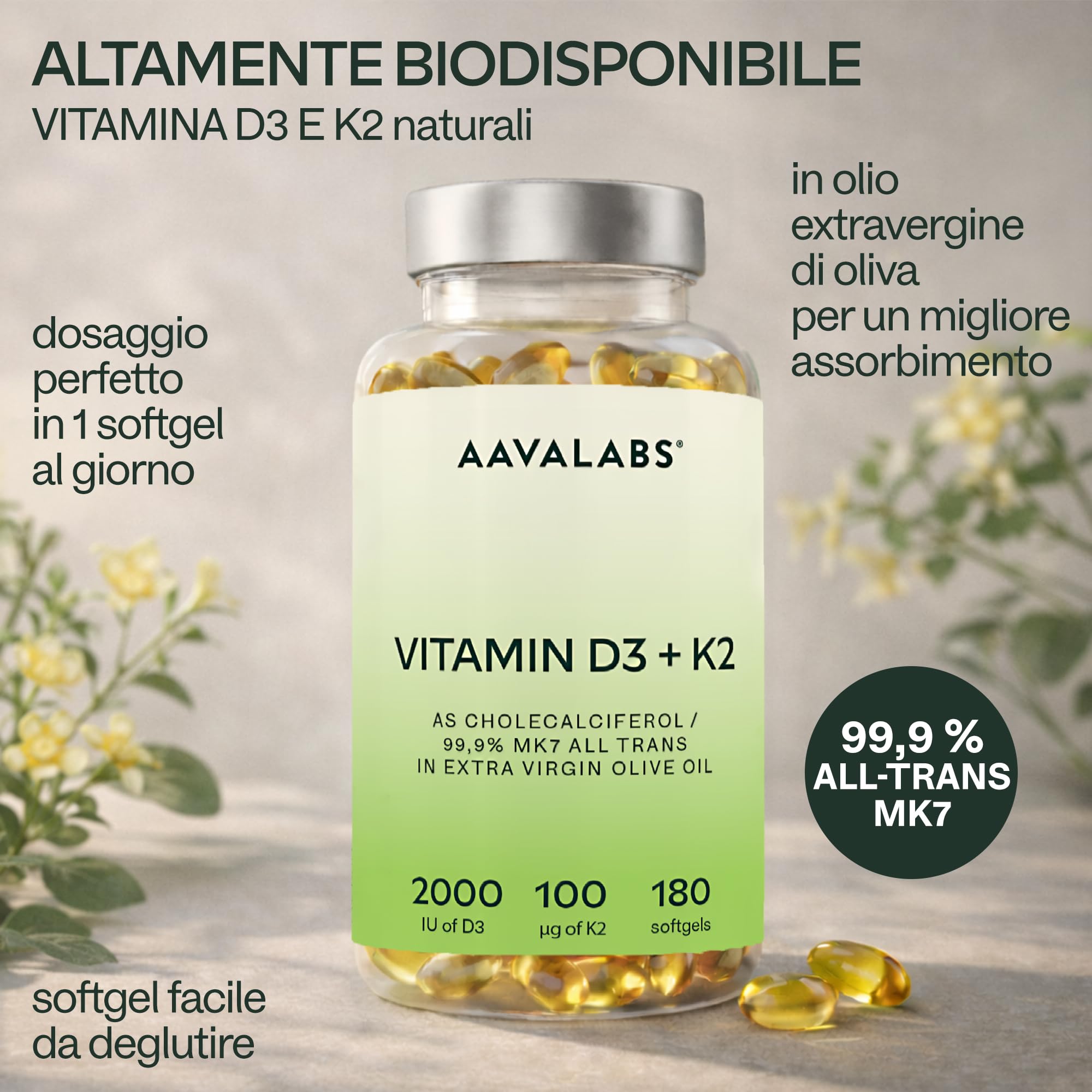 Vitamina D3 K2 Alto Assorbimento Olio Extravergine d'Oliva - Vitamina D3 2000 UI + Vitamina K2 MK7 100 μg - Vitamina D 2000 UI e Vitamina K - 180 Capsule