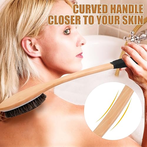 Miniatura 3 de OWIIZI Cepillo de baño de crin de madera curvada de mango largo antideslizante para exfoliación, limpiador de melena natural para uso de espalda