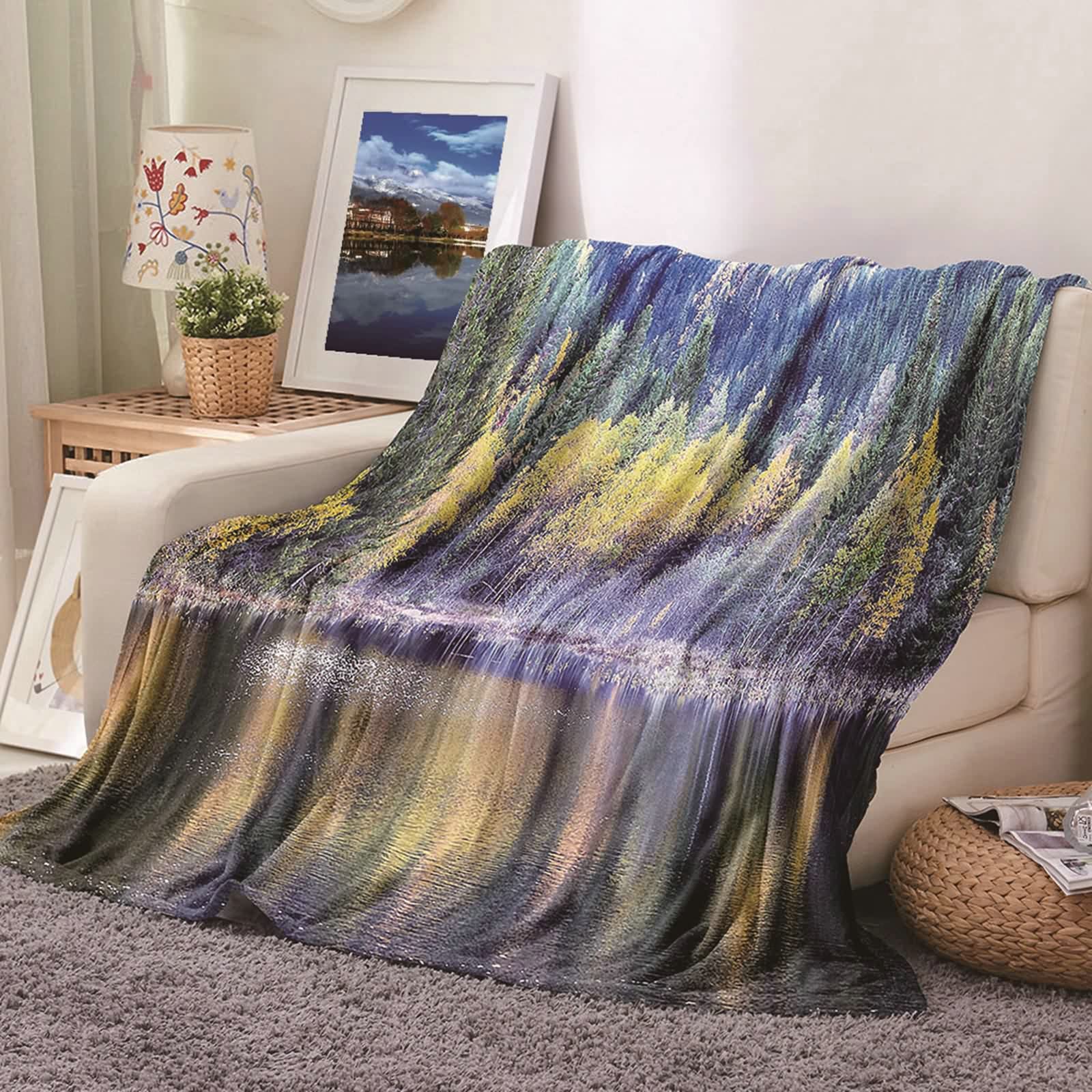 Aeici Koc polarowy, koc dziecięcy z nadrukiem 160 x 200 cm drzewa jezioro koc na sofę zimowy prezent dla dorosłych i dzieci
