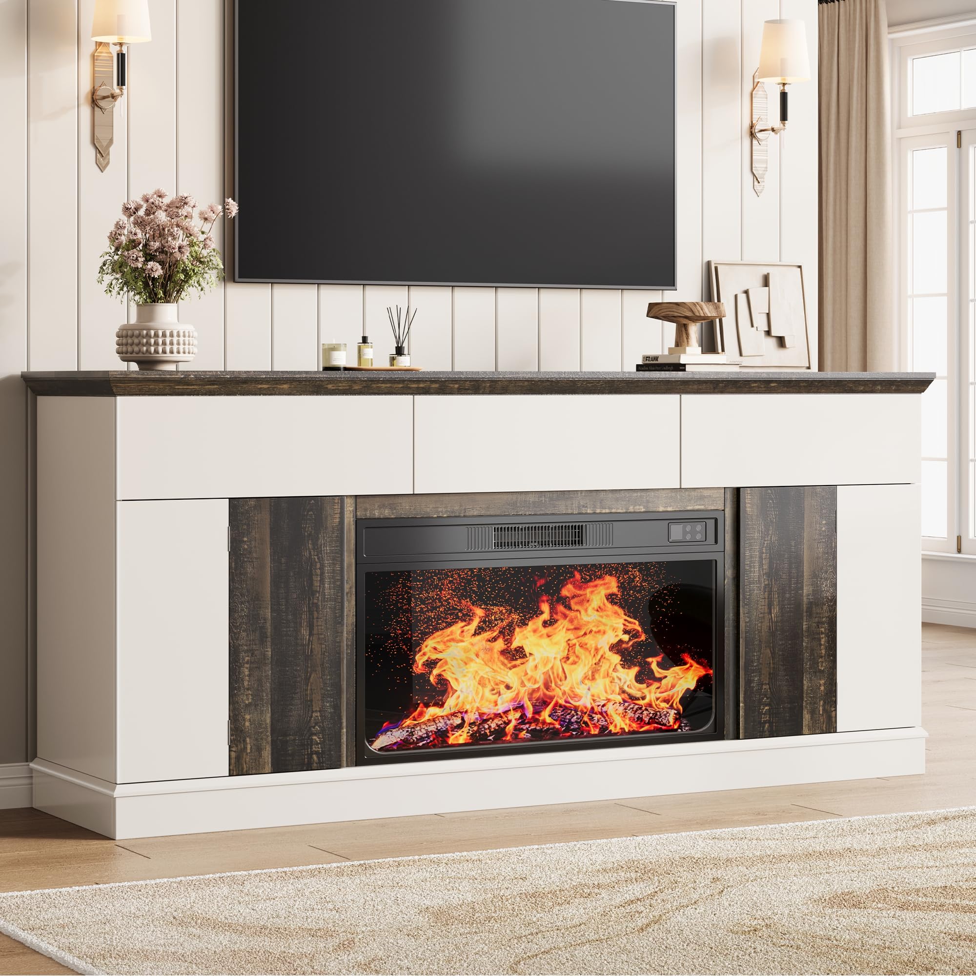 Photo 1 of Jocoevol 70" Fireplace TV Stand with 36" Electric Fireplace, Entertainment Center for TVs up to 80", TV Console with 3 Storage Drawers,2 Side Cabinets & Press-to-Open Doors for Living Room, Bedroom