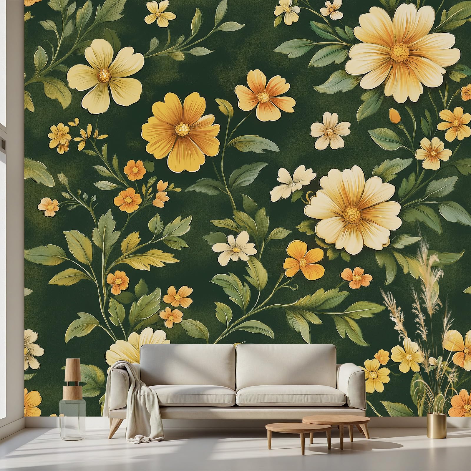 Papier peint panoramique floral pour masquer un mur abîmé et stickers meuble