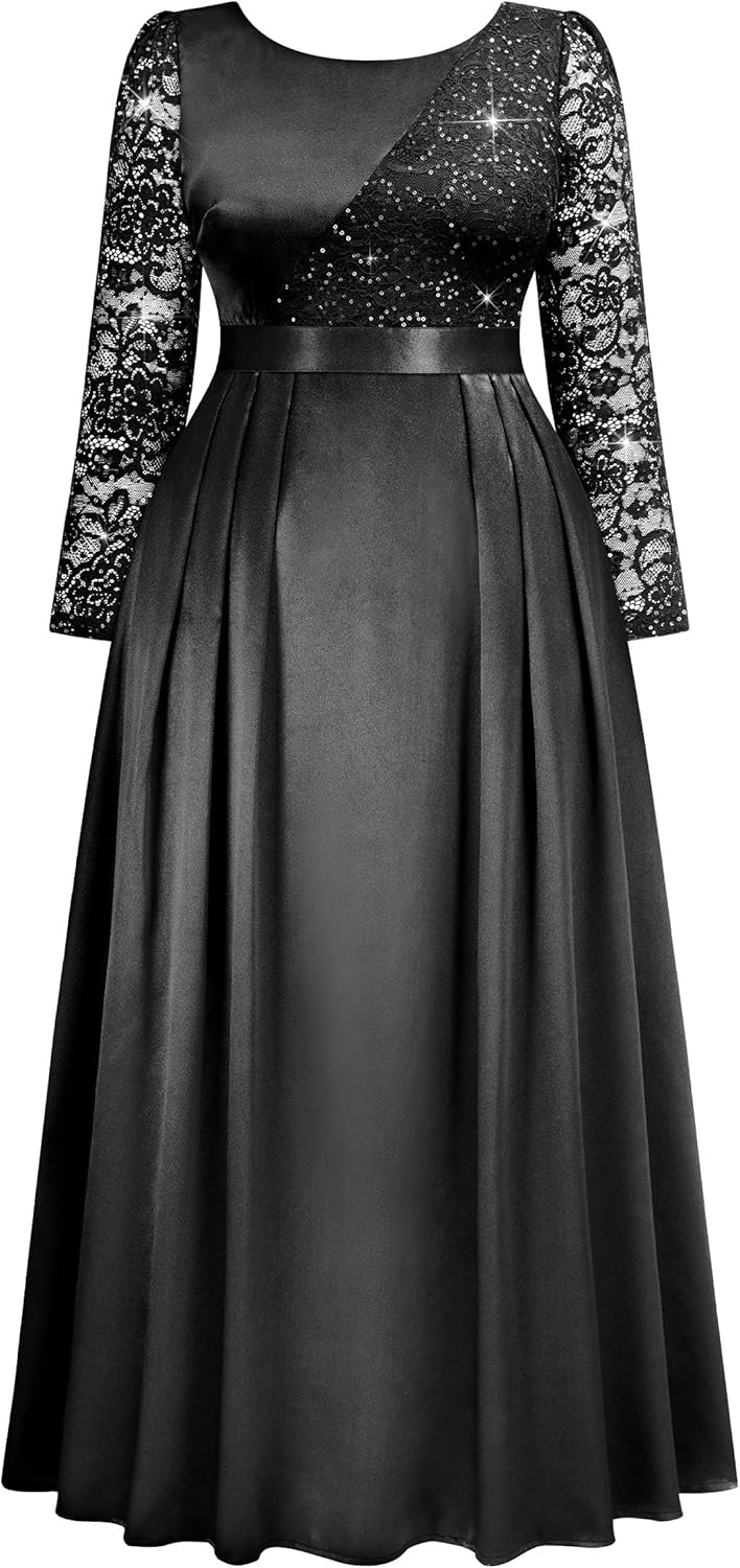 MISSMAY Women's Plus Sequin Lace with Satin Long Sleeves Formal Evening Prom Dresses - Image 5