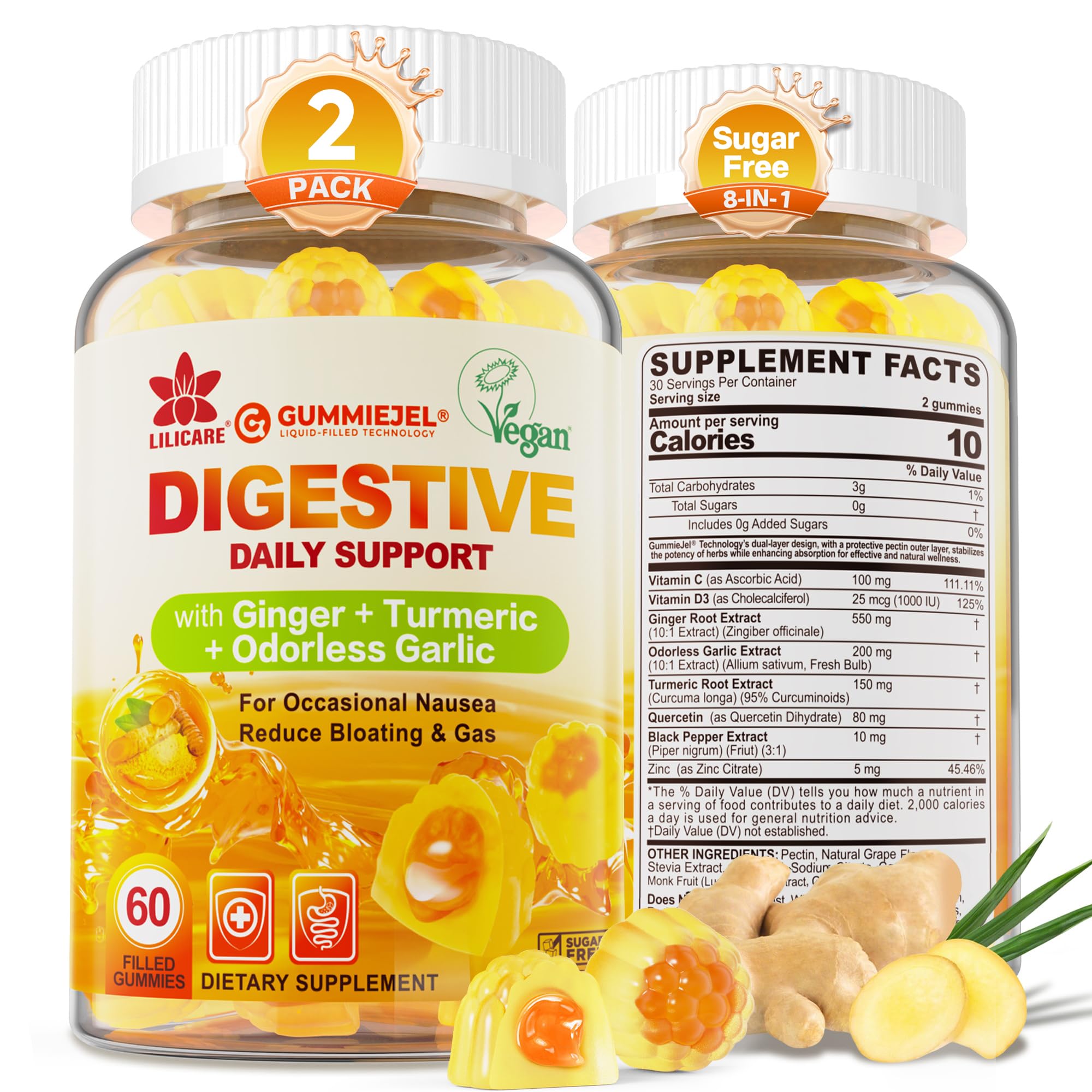 Ginger Chew Gummies for Digestive Support & Stomach Comfort, 0g Sugar,2Pack 60 Count (Pack of 2)